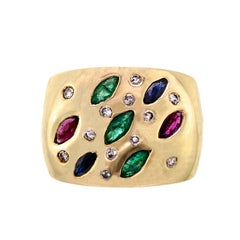 Impressive Vintage Heavy 14 Karat Diamond Emerald Ruby Sapphire Cocktail Ring