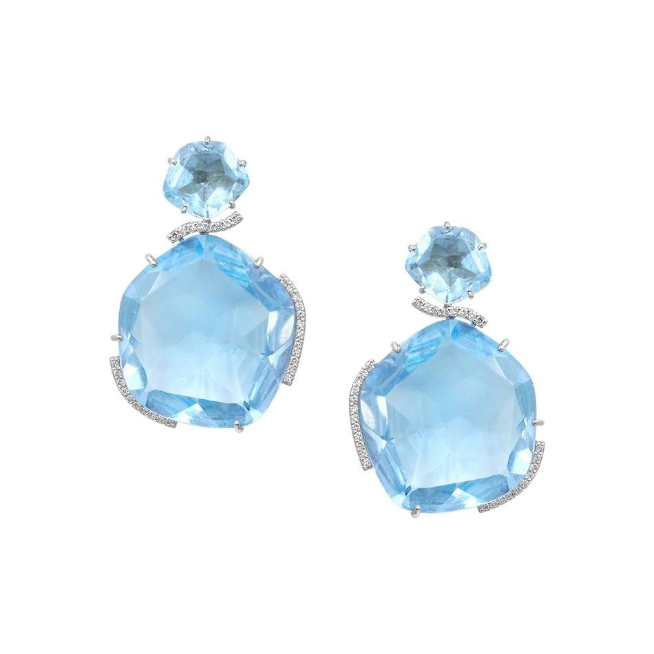 Impressive White Diamond Blue Topaz-Fantasy 18 Karat Gold Drop Earrings For Sale