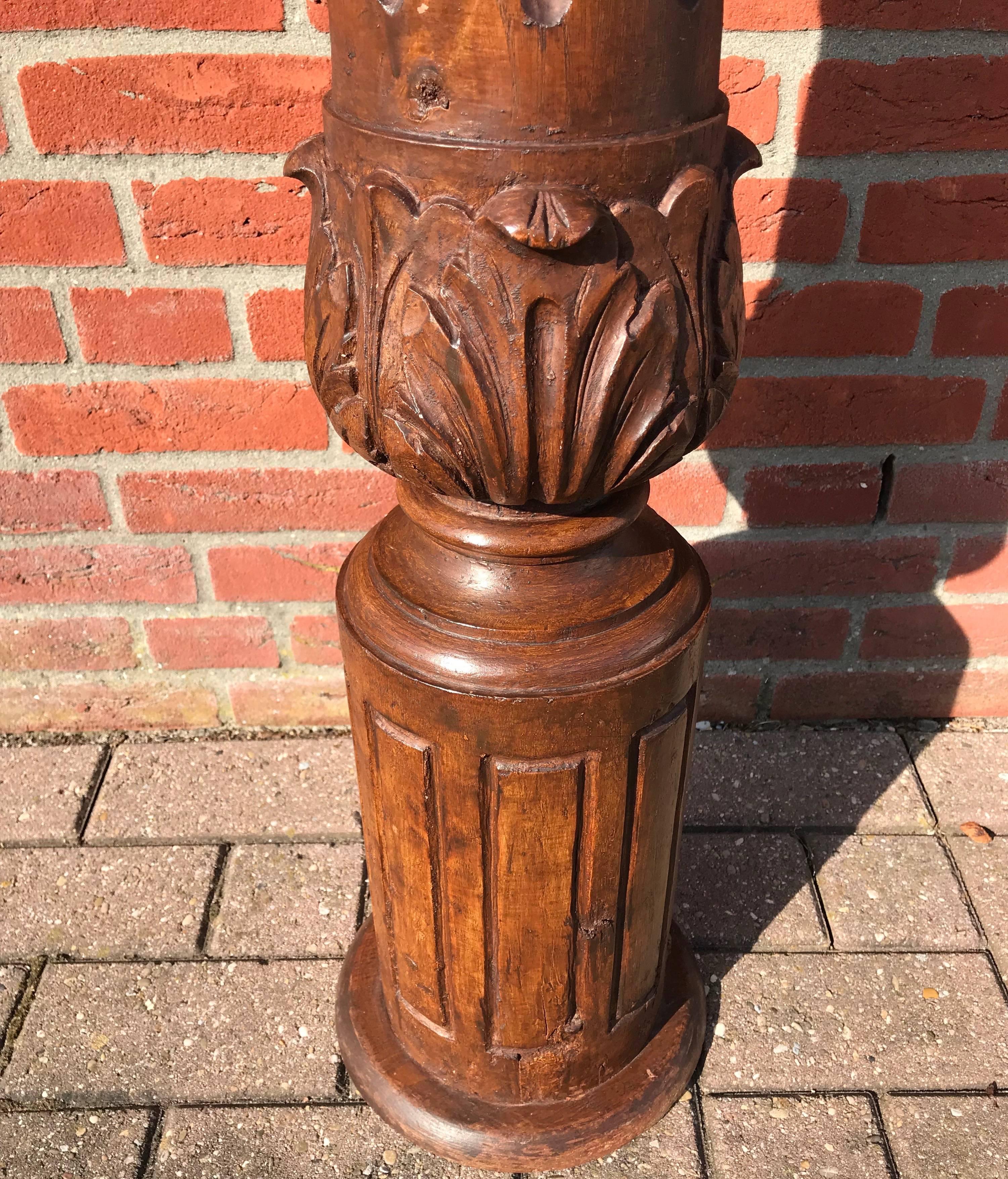 19th Century Impressive Wooden Stair Newel Post or Display Pedestal with Carved Lion Heads For Sale