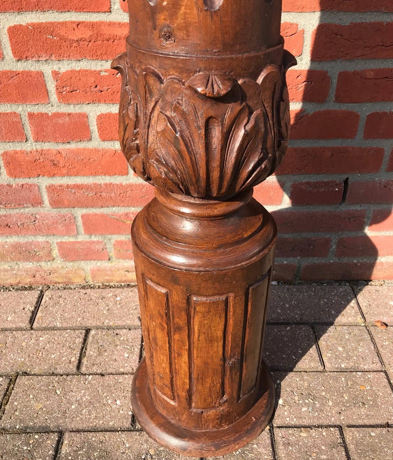 Impressive Wooden Stair Newel Post or Display Pedestal with Carved Lion Heads For Sale at
