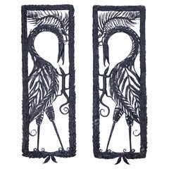 Antique Impressive Work of Art Deco with Cranes and Lizards in Wrought Iron, Belgium