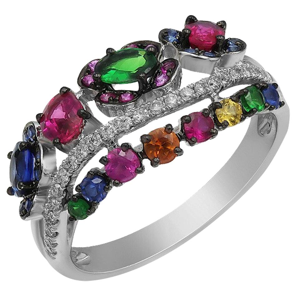 Impressive Yellow Blue Sapphire Ruby Tsavorite Diamond White Gold Ring