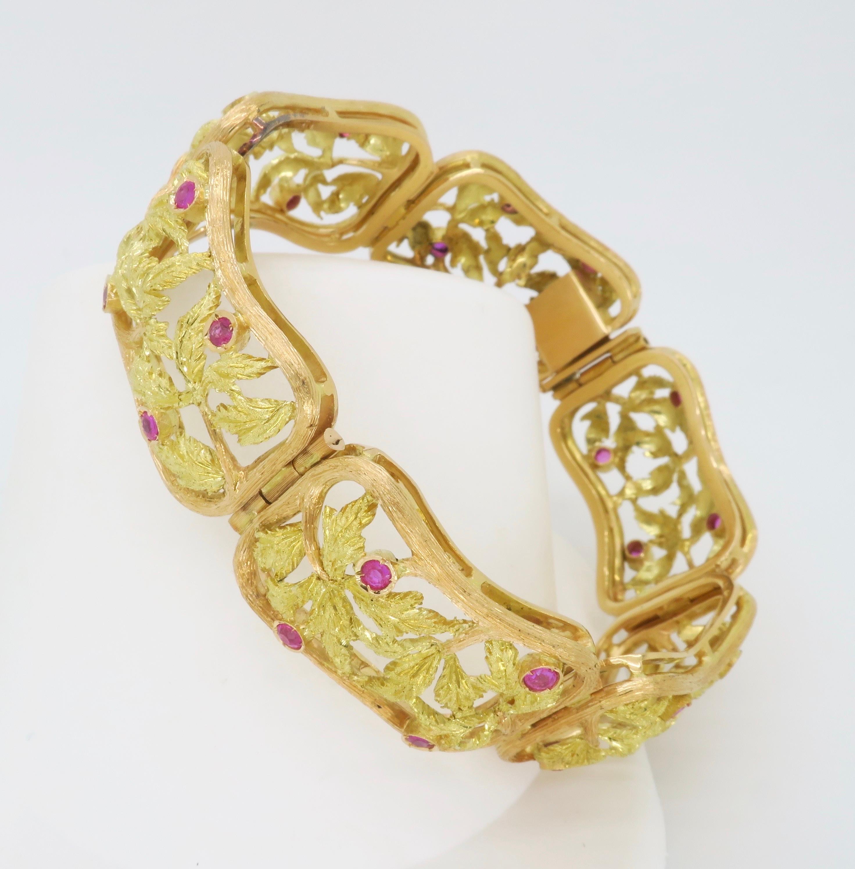 Stunning multi-colored 18k gold bracelet set with Rubies, with intricate detail. 

Gemstone: Ruby
Metal: 18k Yellow & Green Gold 
Stamped: 
