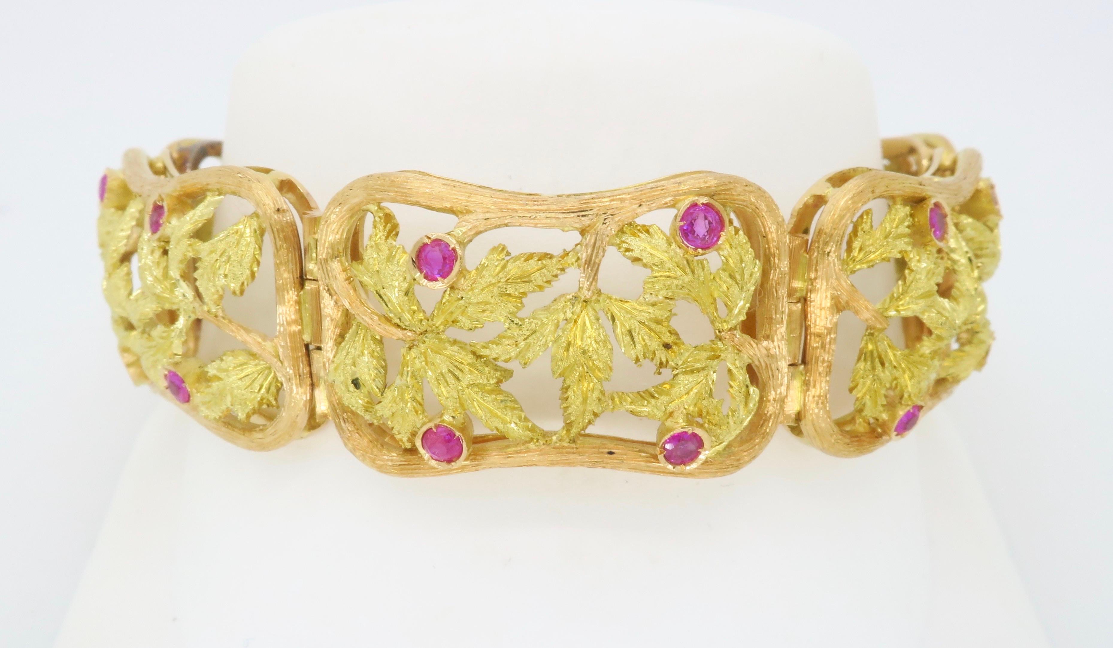 Round Cut Impressive Yellow & Green Gold Bracelet Crafted with Rubies