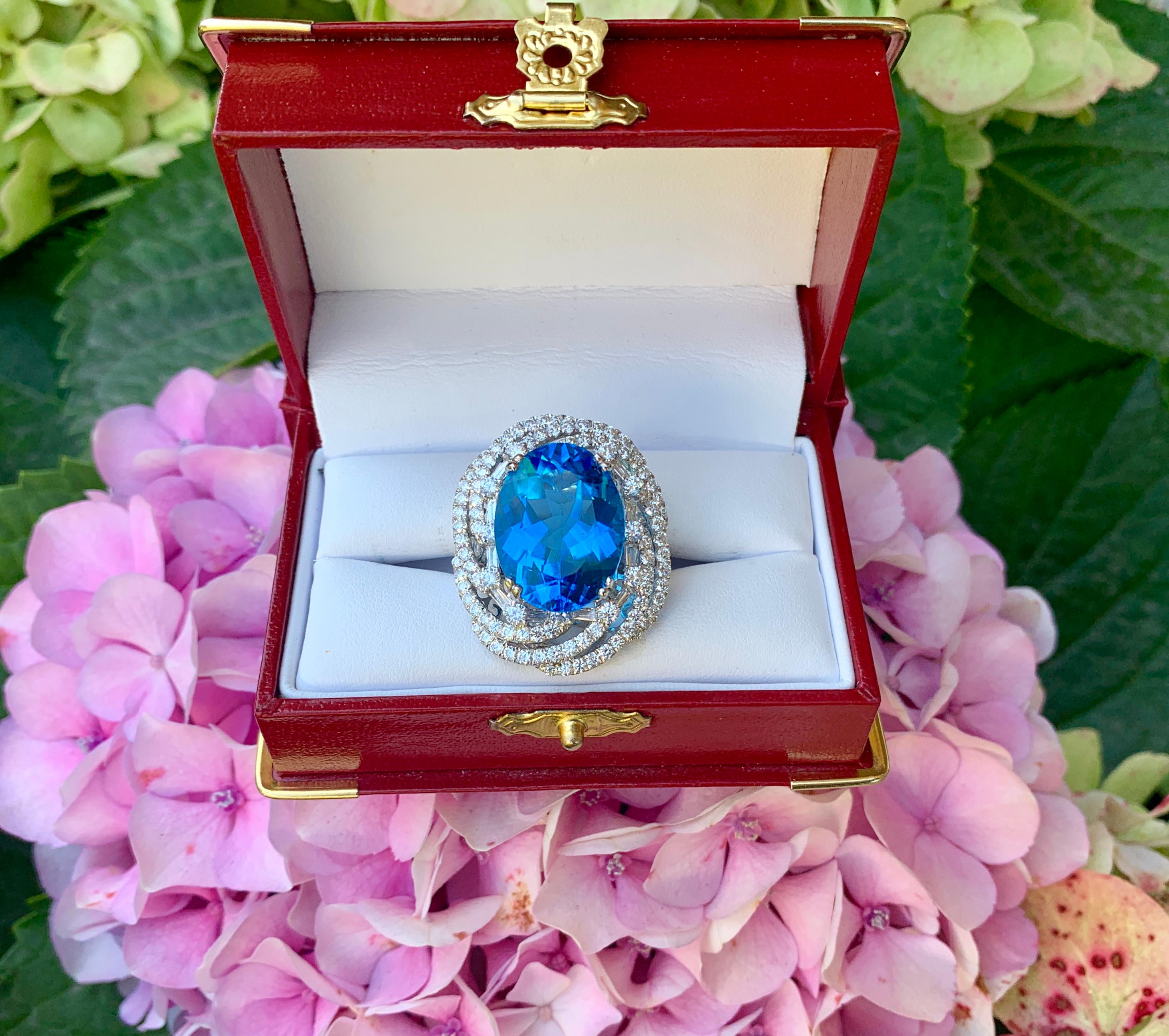 Contemporary Impressively Huge 26.5 Carat Swiss Blue Topaz Diamond White Gold Cocktail Ring