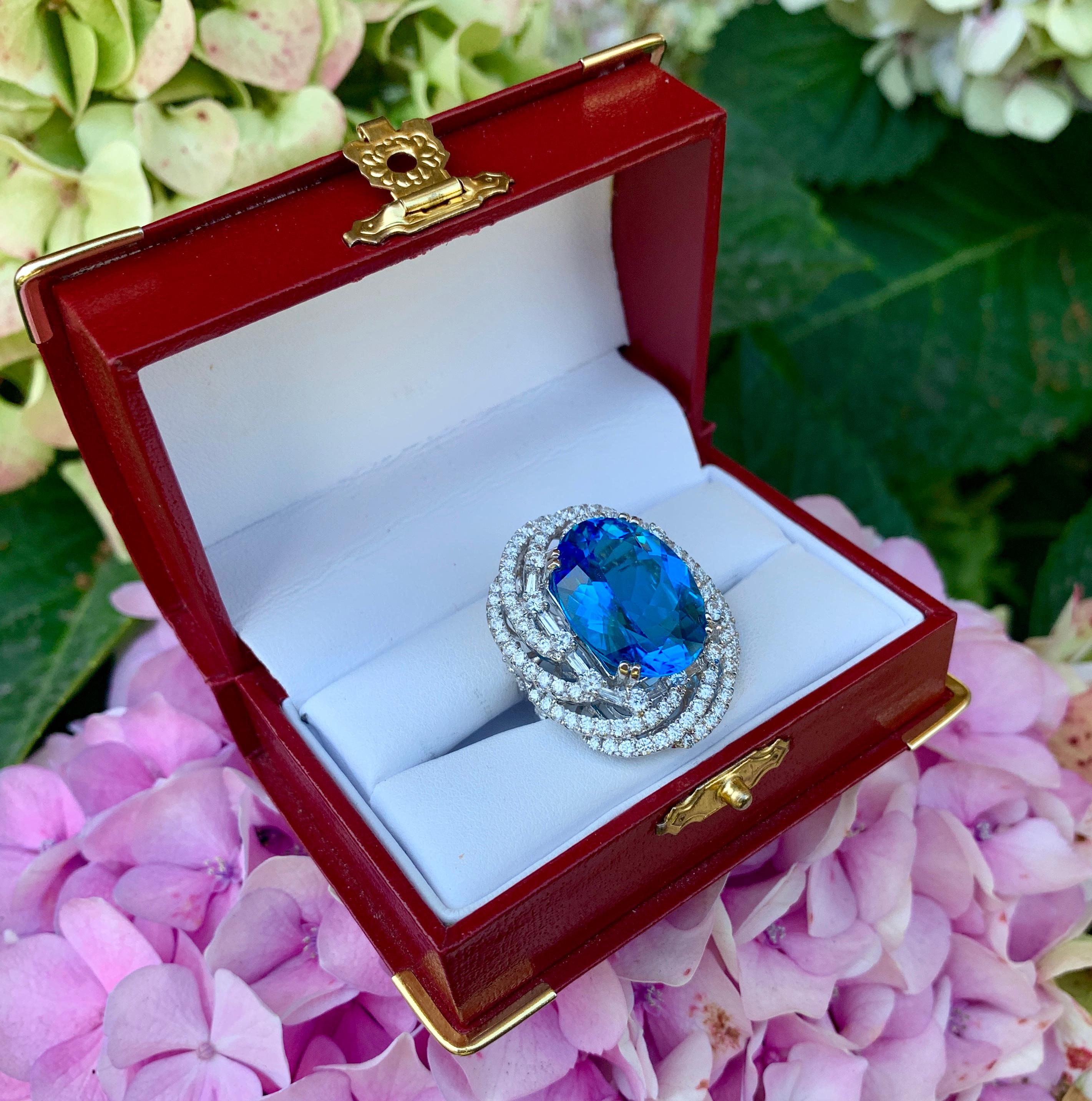 Impressively Huge 26.5 Carat Swiss Blue Topaz Diamond White Gold Cocktail Ring In Excellent Condition In Tustin, CA