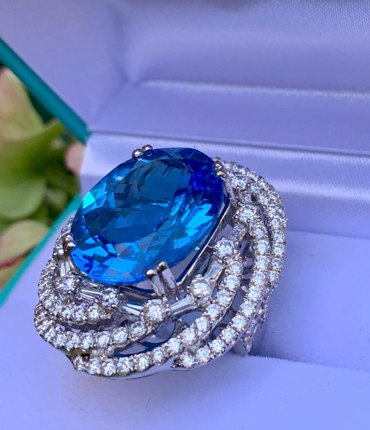 Women's Impressively Huge 26.5 Carat Swiss Blue Topaz Diamond White Gold Cocktail Ring