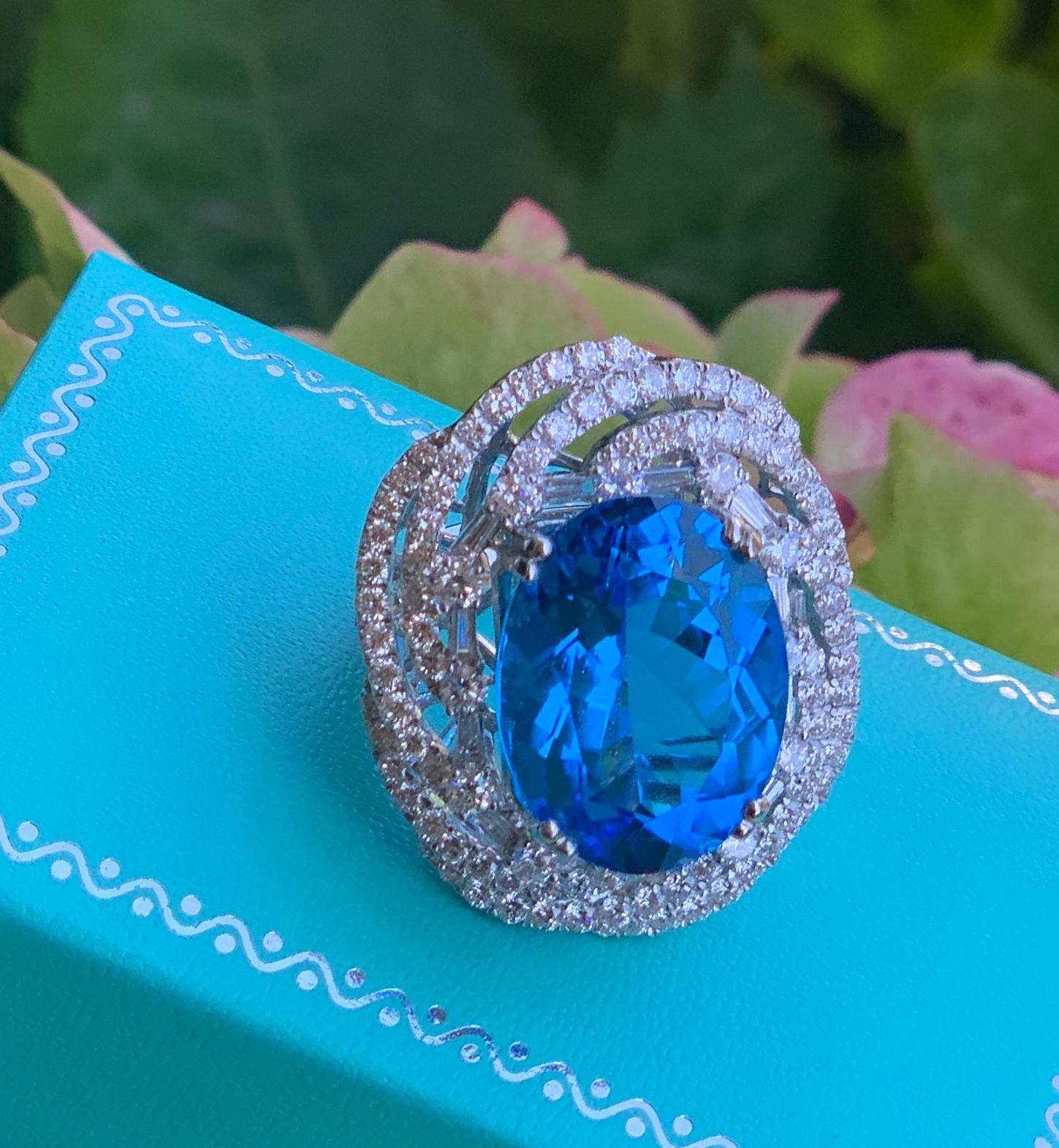 Impressively Huge 26.5 Carat Swiss Blue Topaz Diamond White Gold Cocktail Ring 1