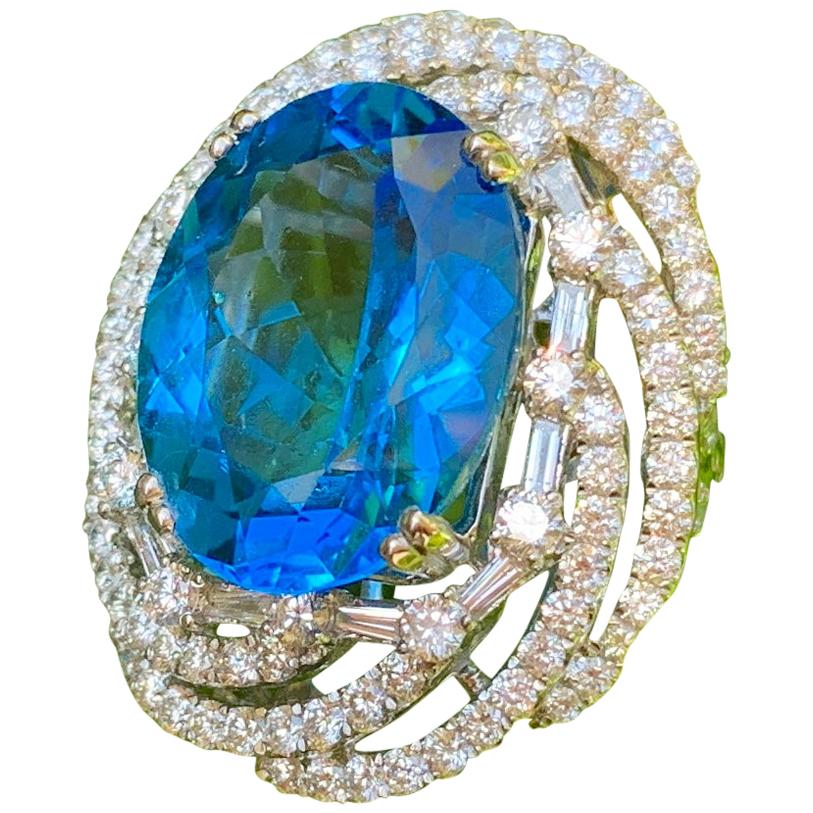 Impressively Huge 26.5 Carat Swiss Blue Topaz Diamond White Gold Cocktail Ring