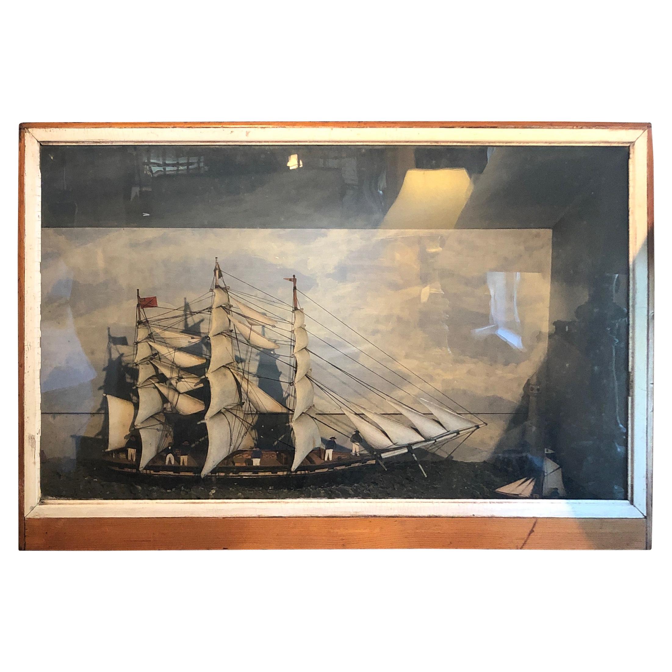 Grande et impressionnante boîte antique Diorama ou récipient à voile représentant un voilier