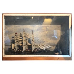 Grande et impressionnante boîte antique Diorama ou récipient à voile représentant un voilier