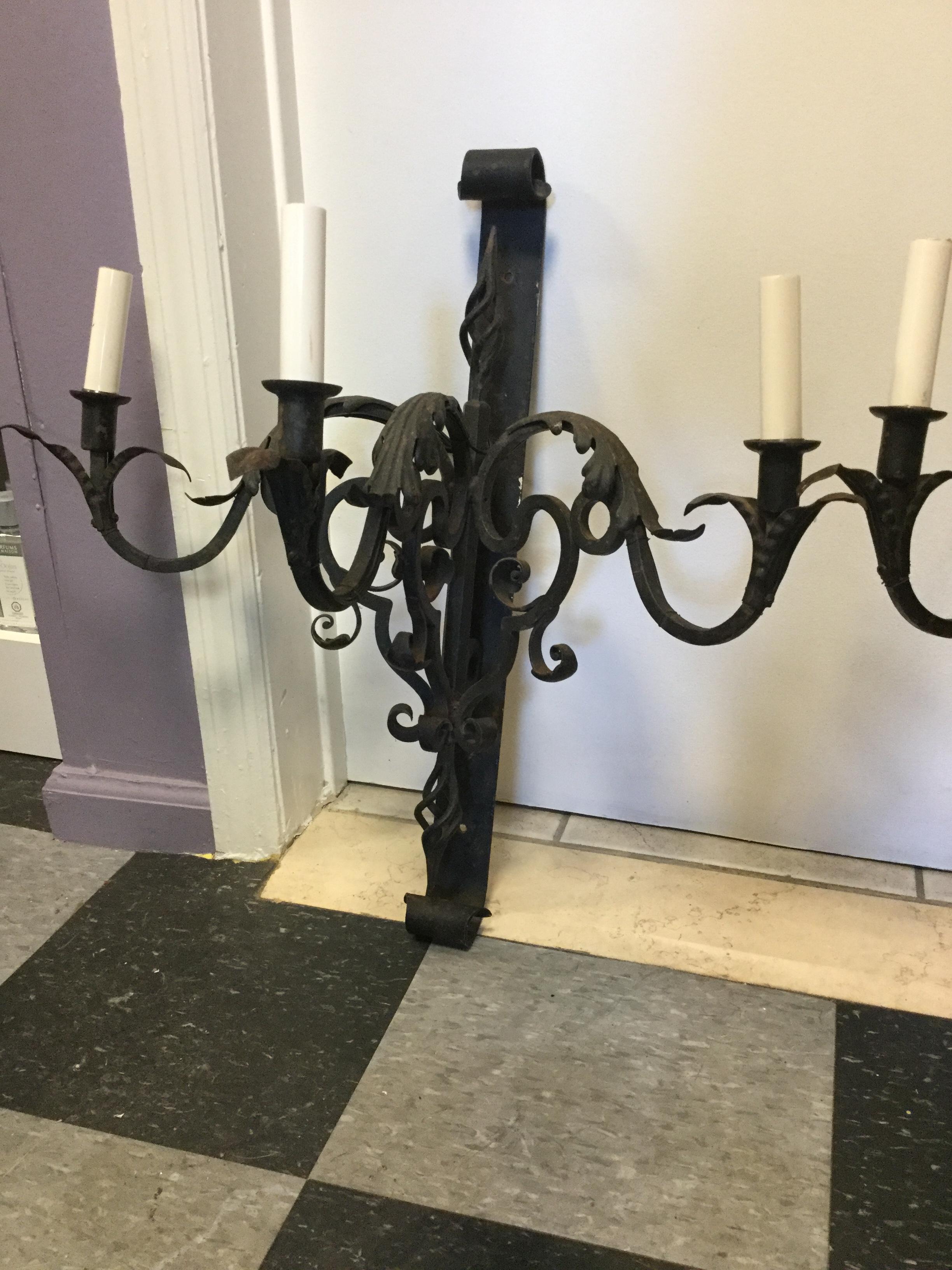 Impressively Large French Wrought Iron Wall Sconces In Excellent Condition In Hopewell, NJ