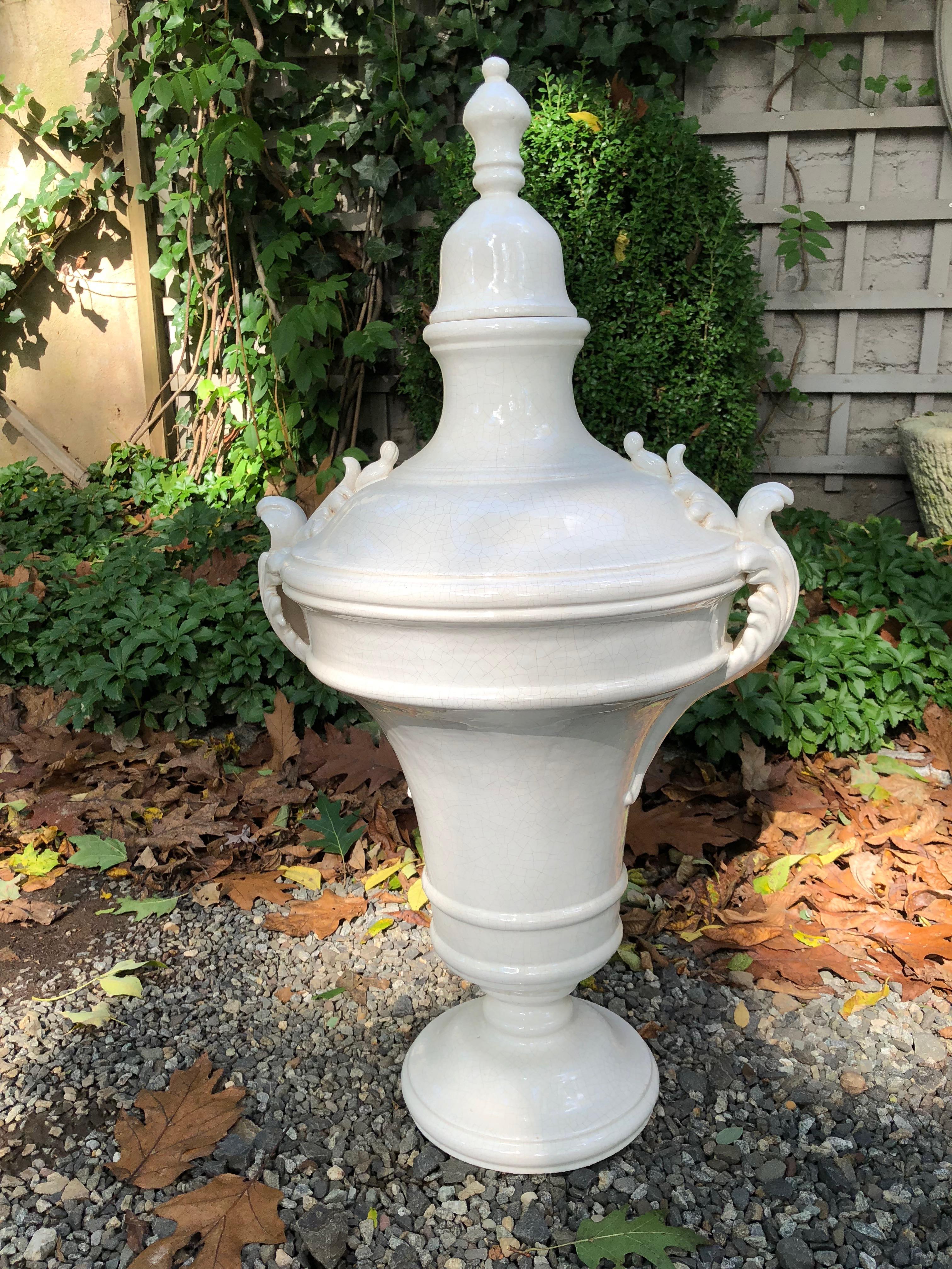 Italian Impressively Large Neoclassical White Ceramic Lidded Urns