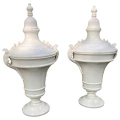 Impressively Large Neoclassical White Ceramic Lidded Urns