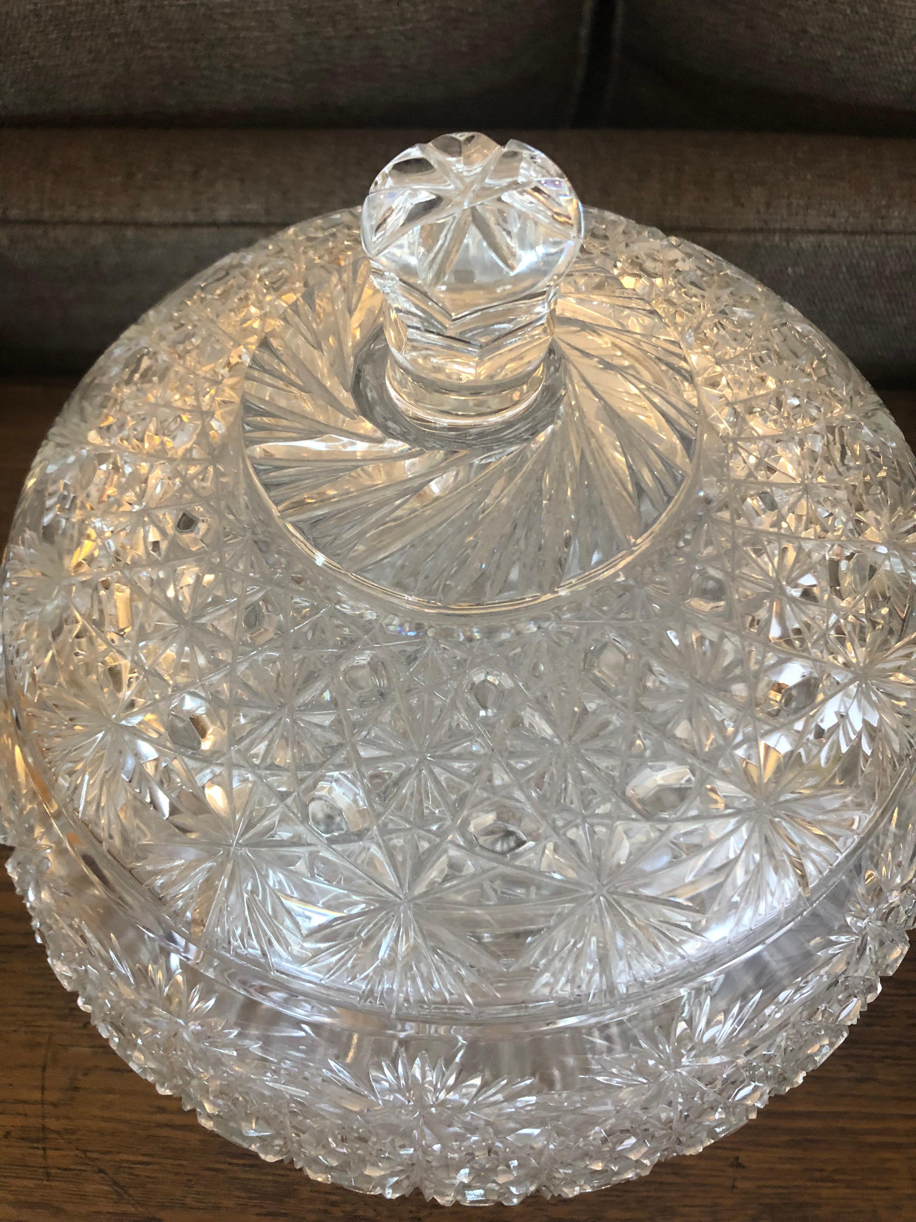 North American Impressively Large Ornately Cut Glass Rounded Lidded Urn For Sale