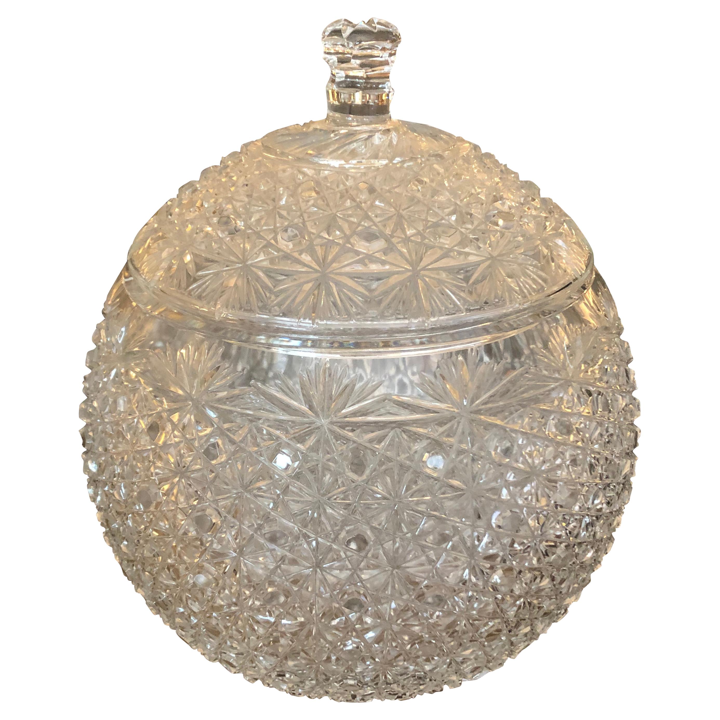 Impressively Large Ornately Cut Glass Rounded Lidded Urn For Sale