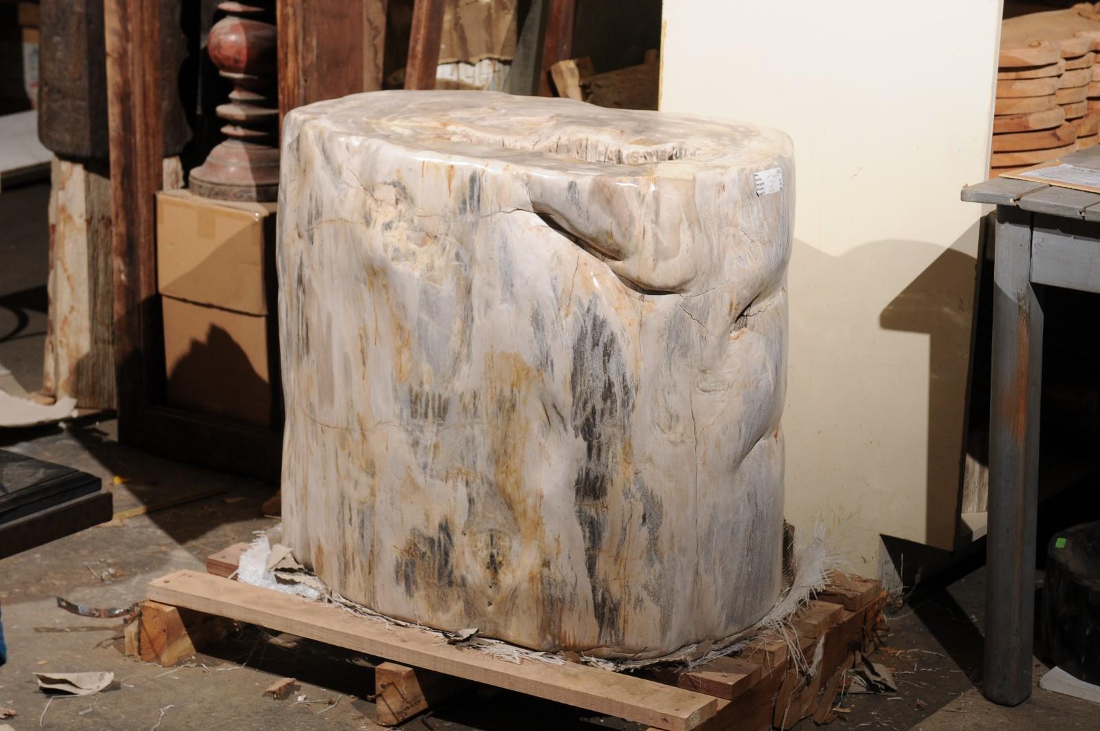 This large-sized petrified wood table base is indeed impressive! The petrified wood base has a smooth polished finish throughout, with the natural texture displayed down the open center. This piece has been fashioned from a single piece of petrified