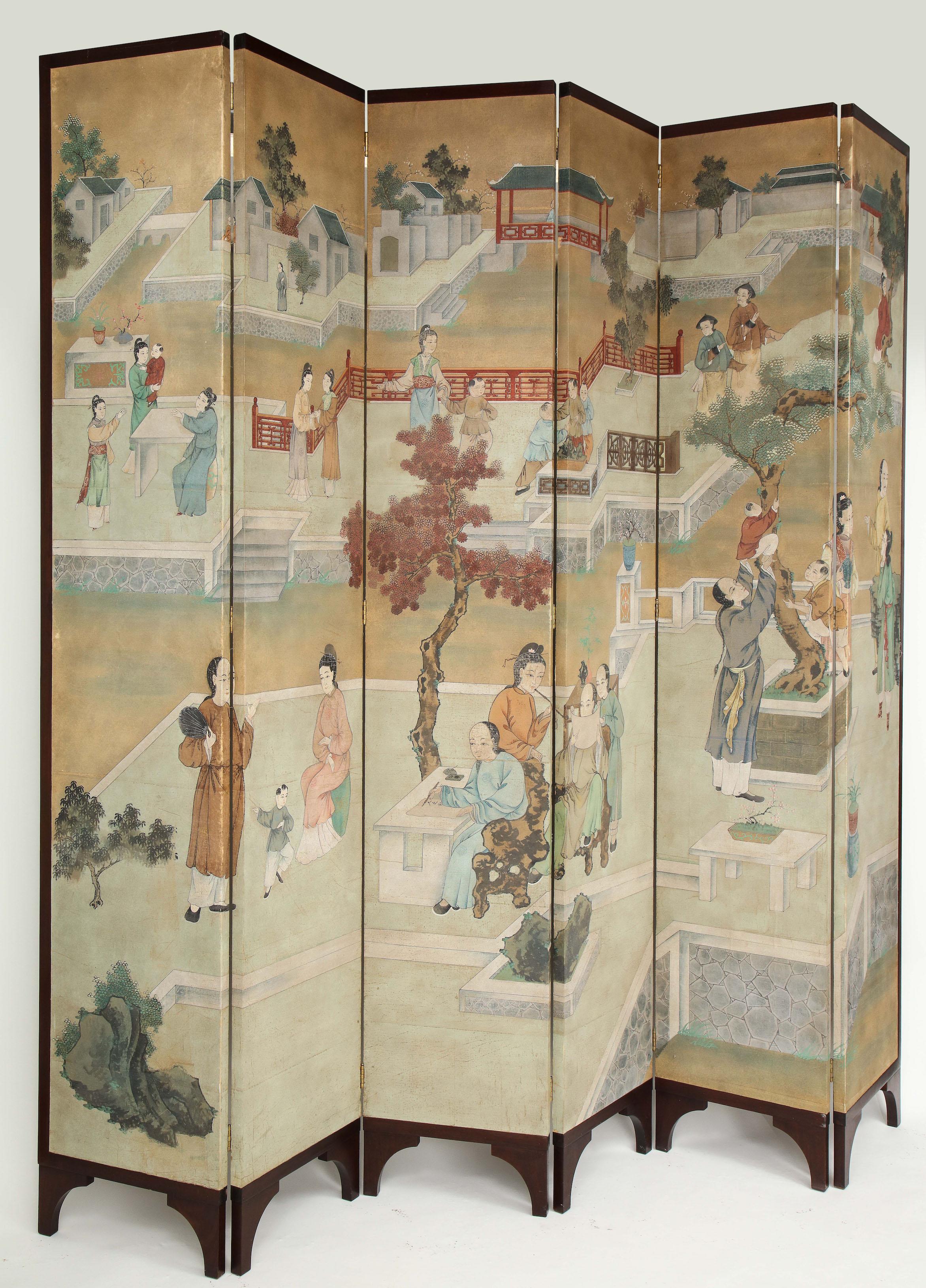Finely painted Chinoiserie with Mandarin court figures engaged in leisurely and scholarly pursuits outdoors. Featuring a soft palette of parchment, blues, and green. With a solid dark wood back and on bracket feet.