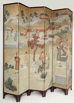 Impressively Scaled Chinoiserie Hand Painted Silk Six-Fold Screen