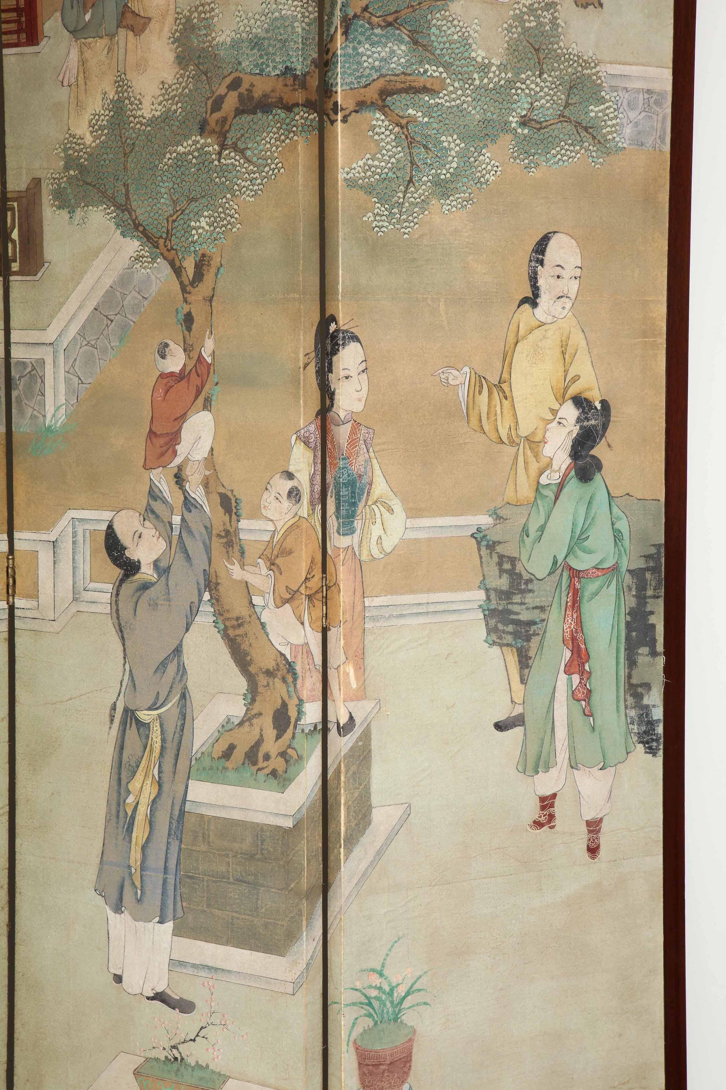 Impressively Scaled Chinoiserie Hand Painted Silk Six-Fold Screen In Good Condition For Sale In New York, NY