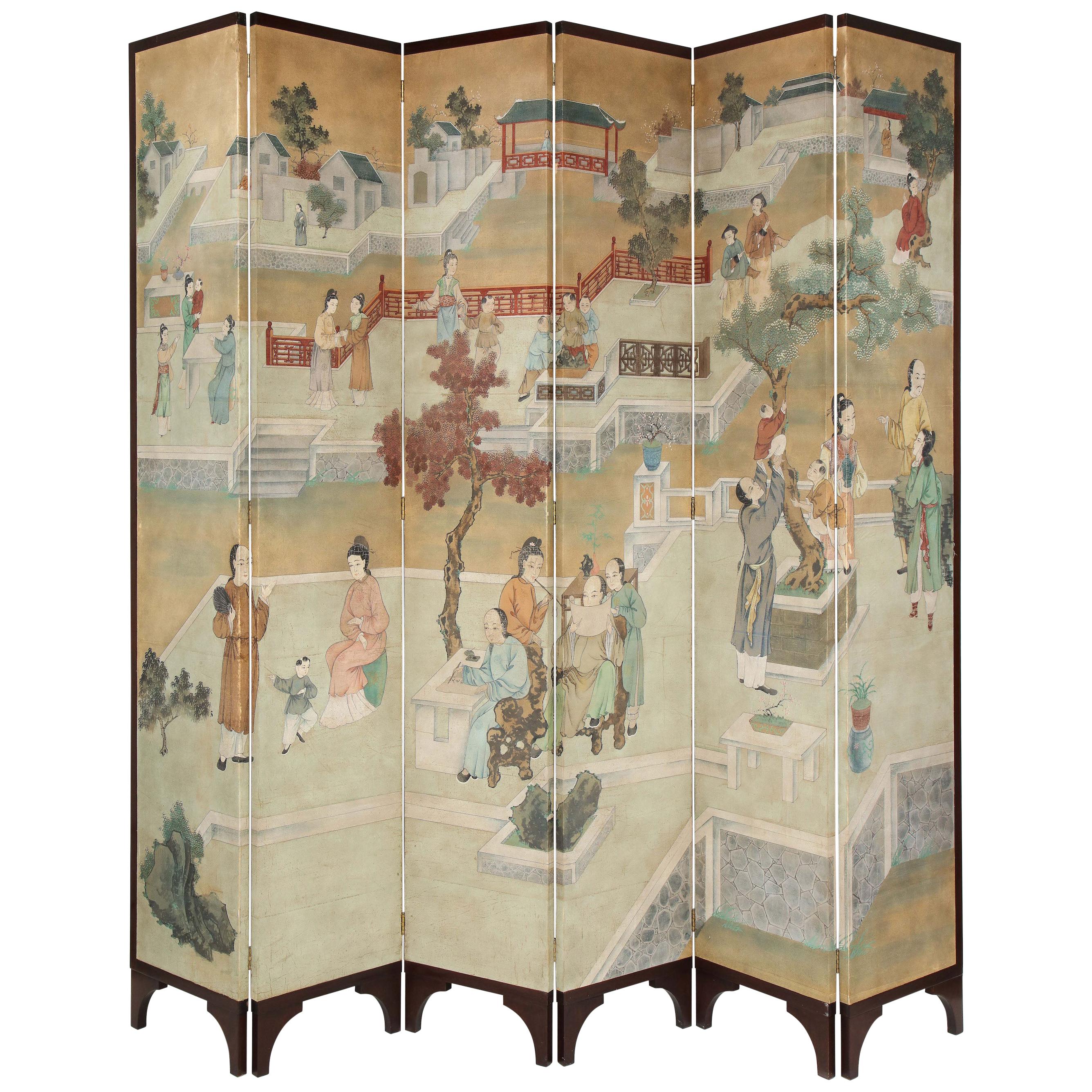 Impressively Scaled Chinoiserie Hand Painted Silk Six-Fold Screen For Sale