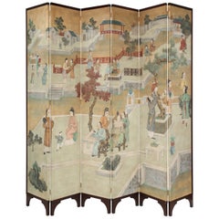 Paravent à six volets en soie peint à la main de style chinoiseries aux dimensions impressionnantes