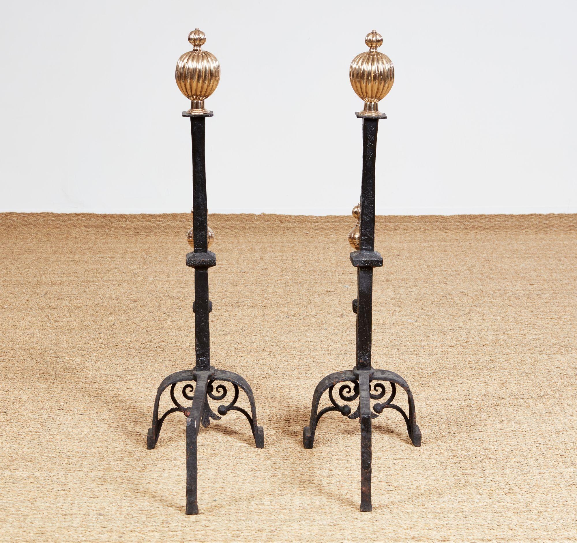 Impressively Scaled Iron and Brass Andirons 5