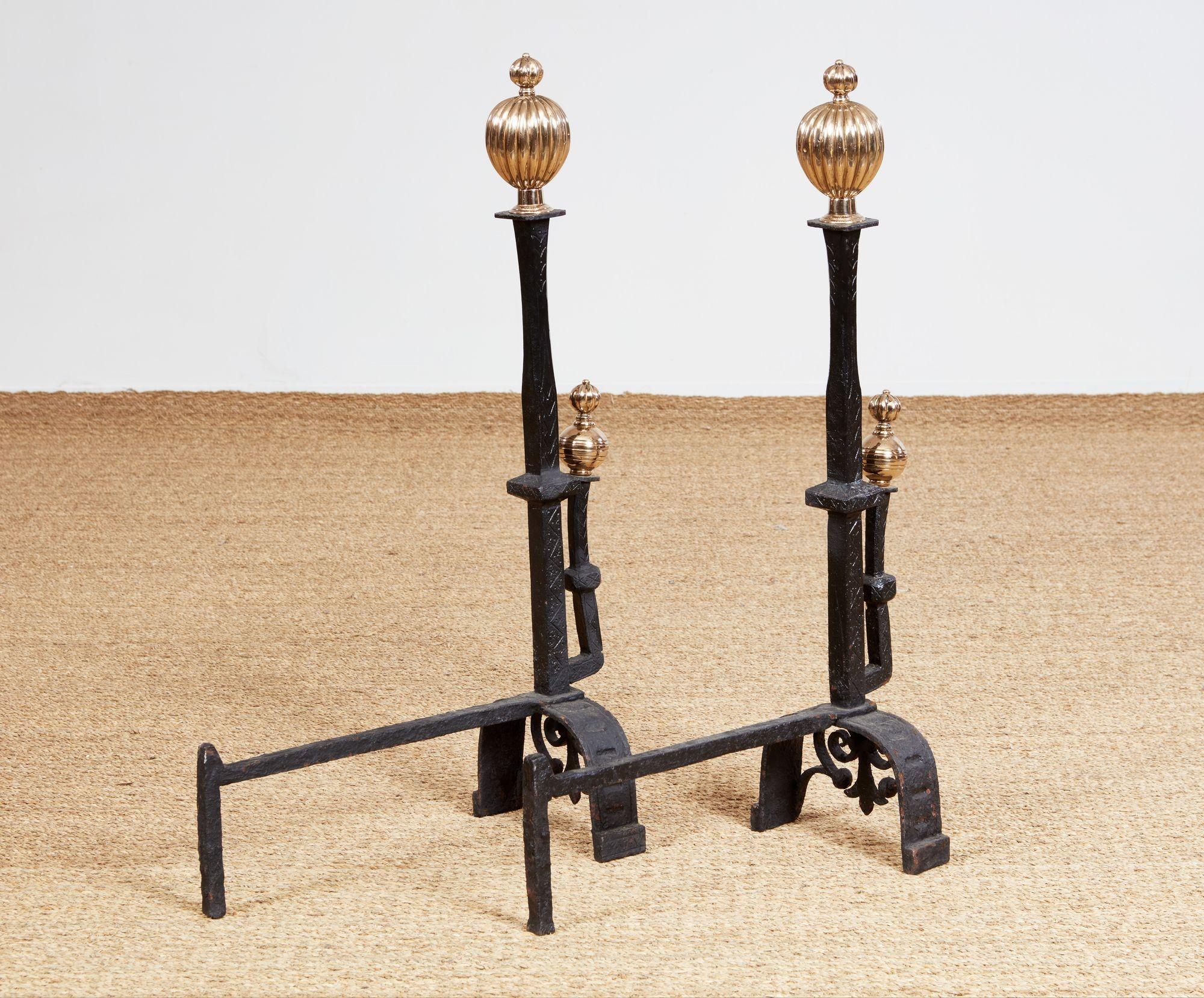 Impressively Scaled Iron and Brass Andirons 6