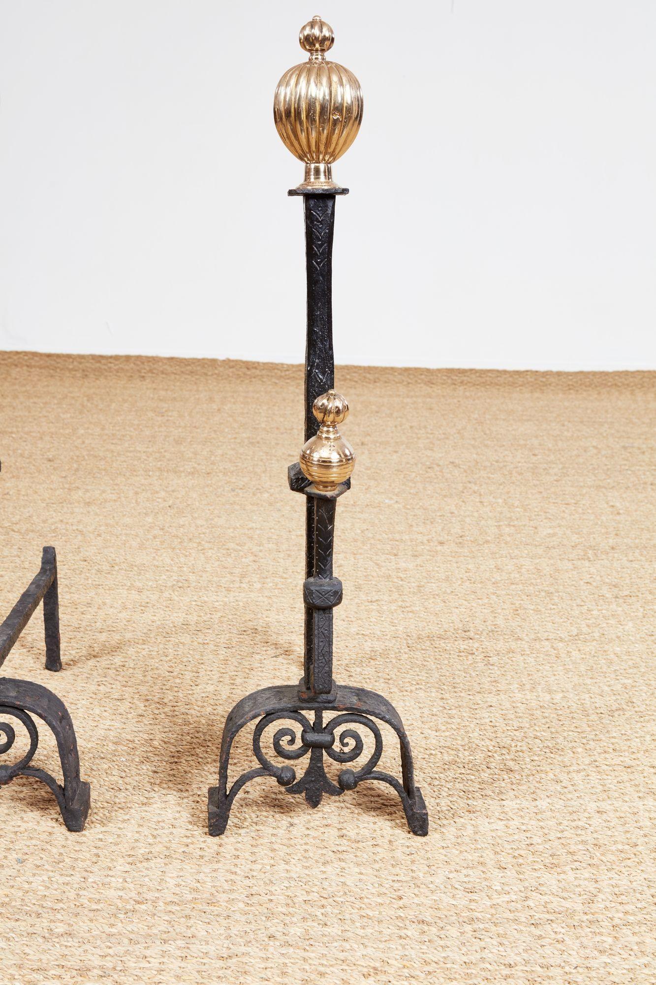 Impressively Scaled Iron and Brass Andirons 7