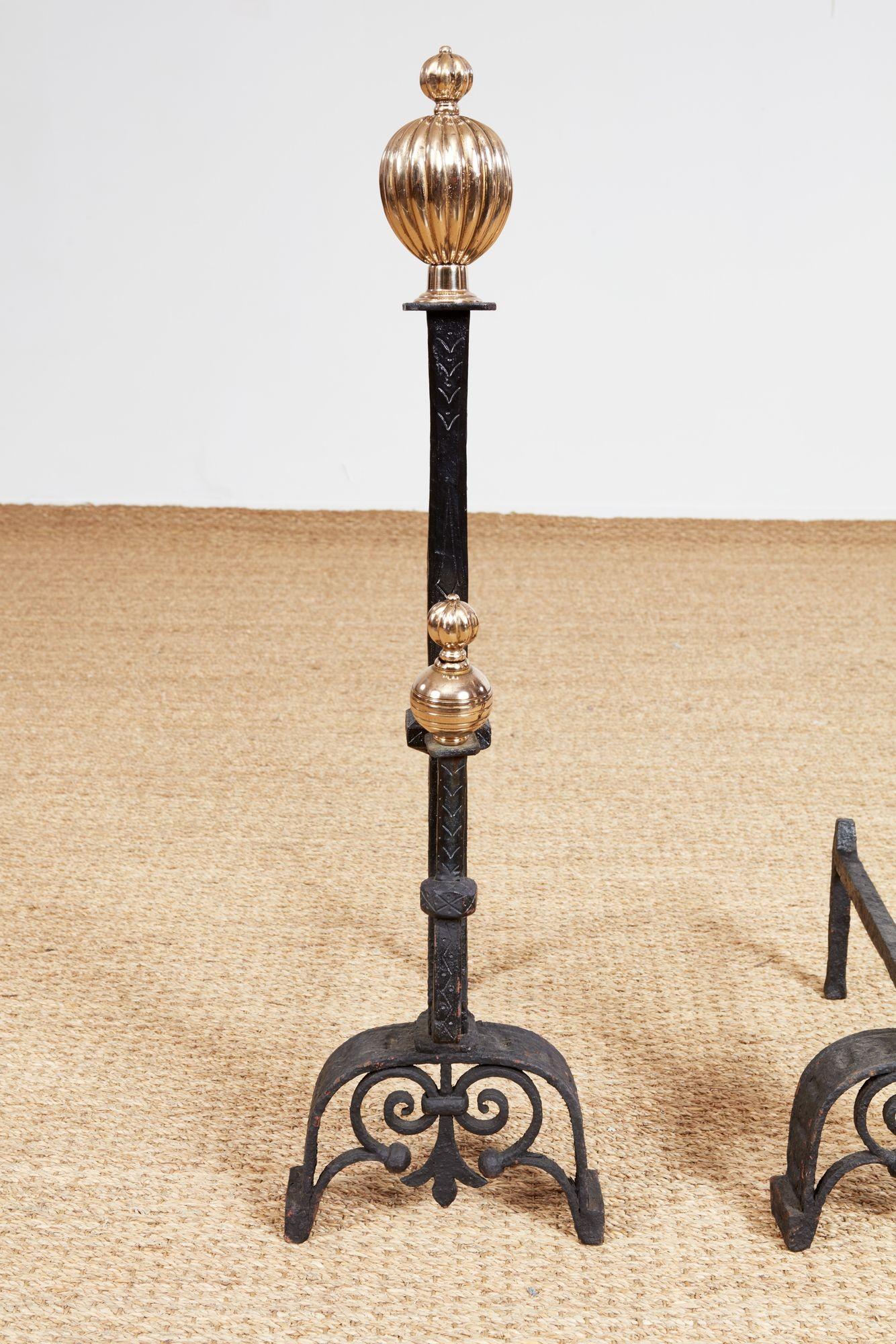 Impressively Scaled Iron and Brass Andirons 8
