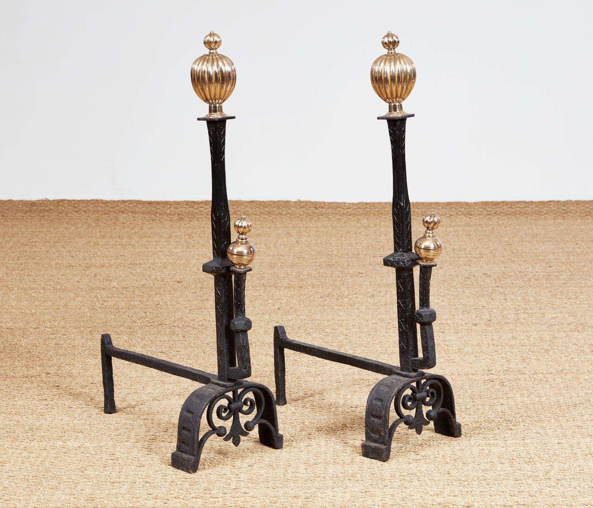 Italian Impressively Scaled Iron and Brass Andirons