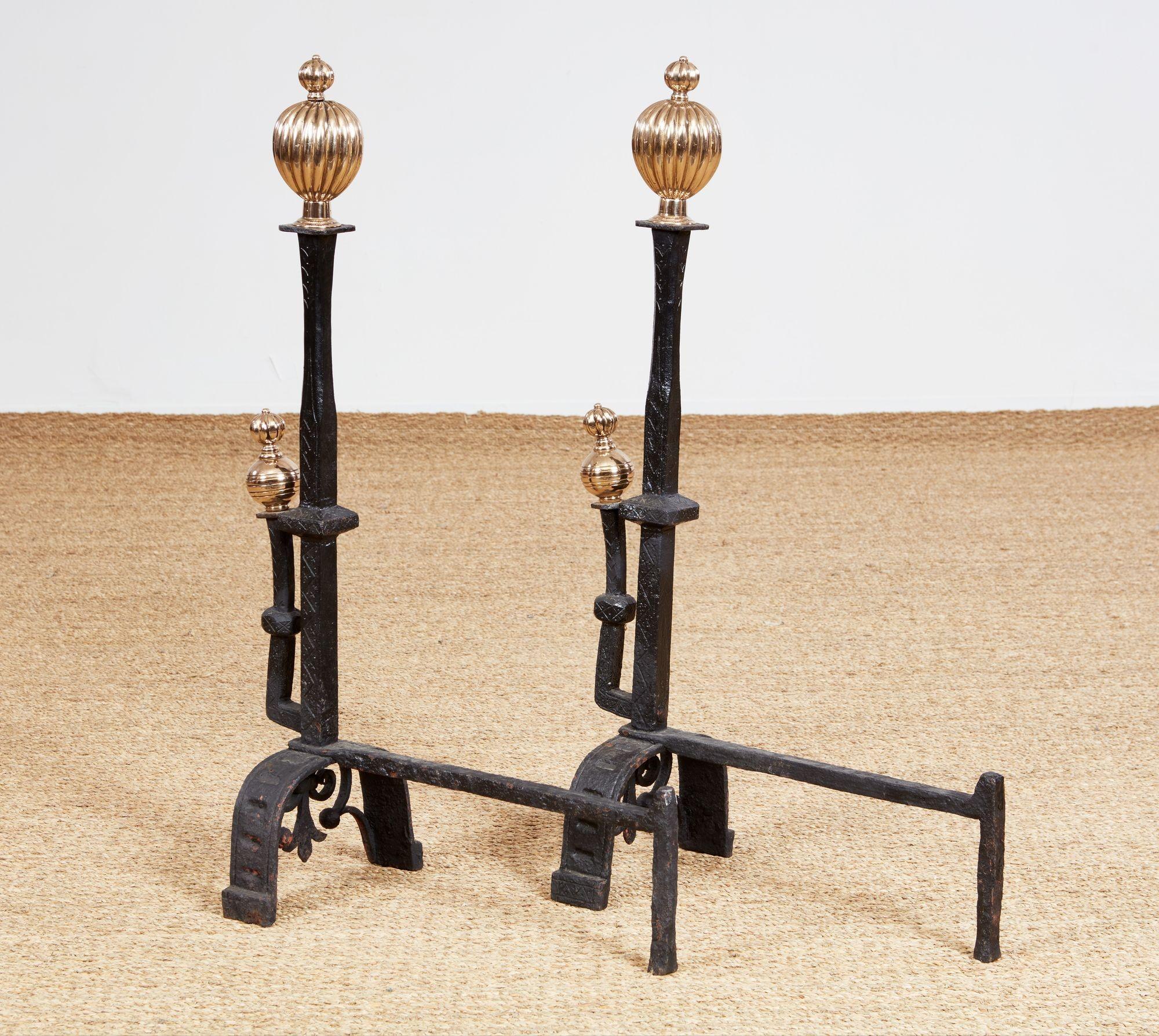 Impressively Scaled Iron and Brass Andirons 4