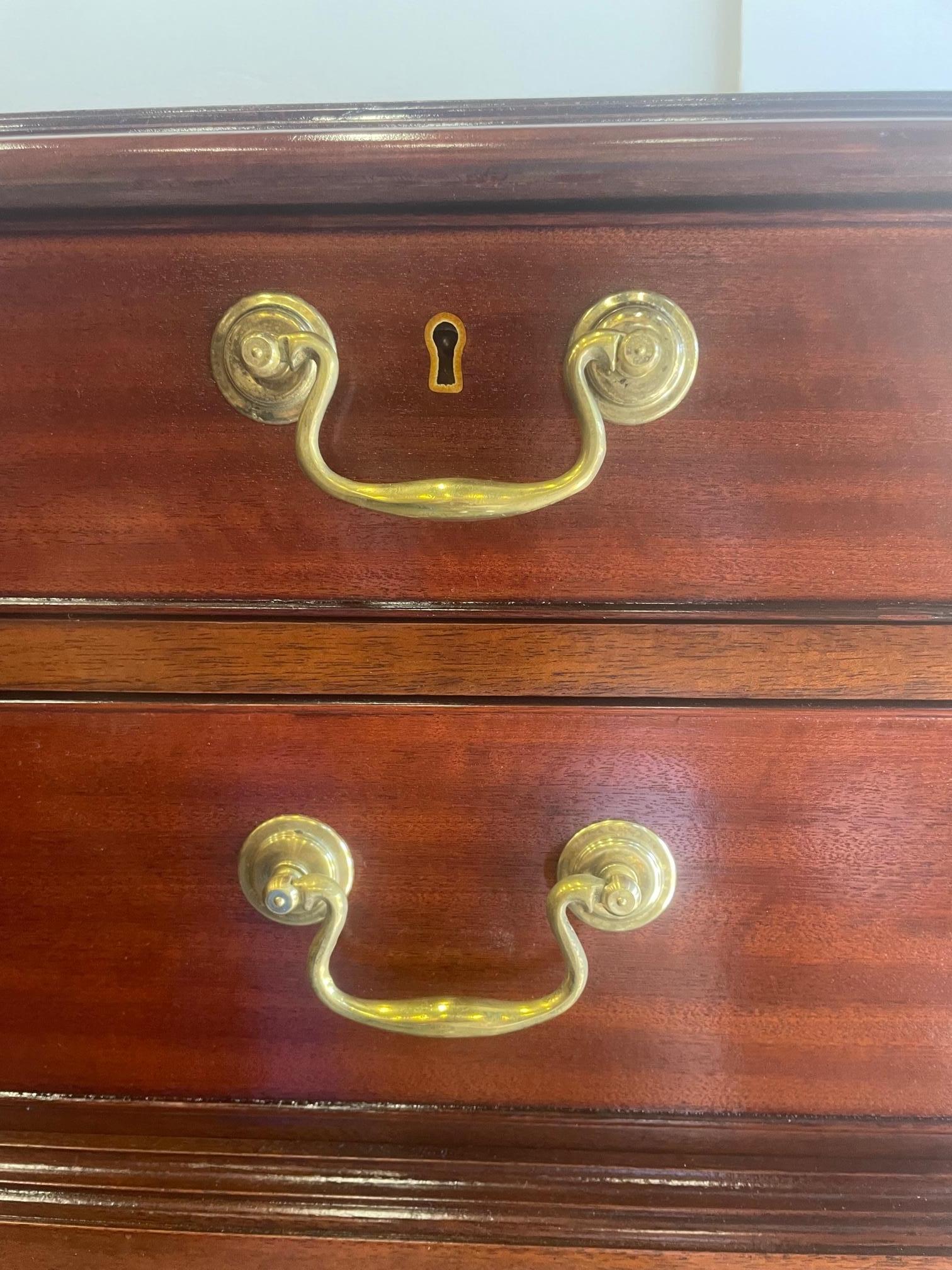 Impressive large mahogany stepped triple chest on chest by Baker Historic Collection having newly polished brasses and handsome carved feet.
1st Section 42 W
2nd Section 42 W
3rd Section 43.5 W


