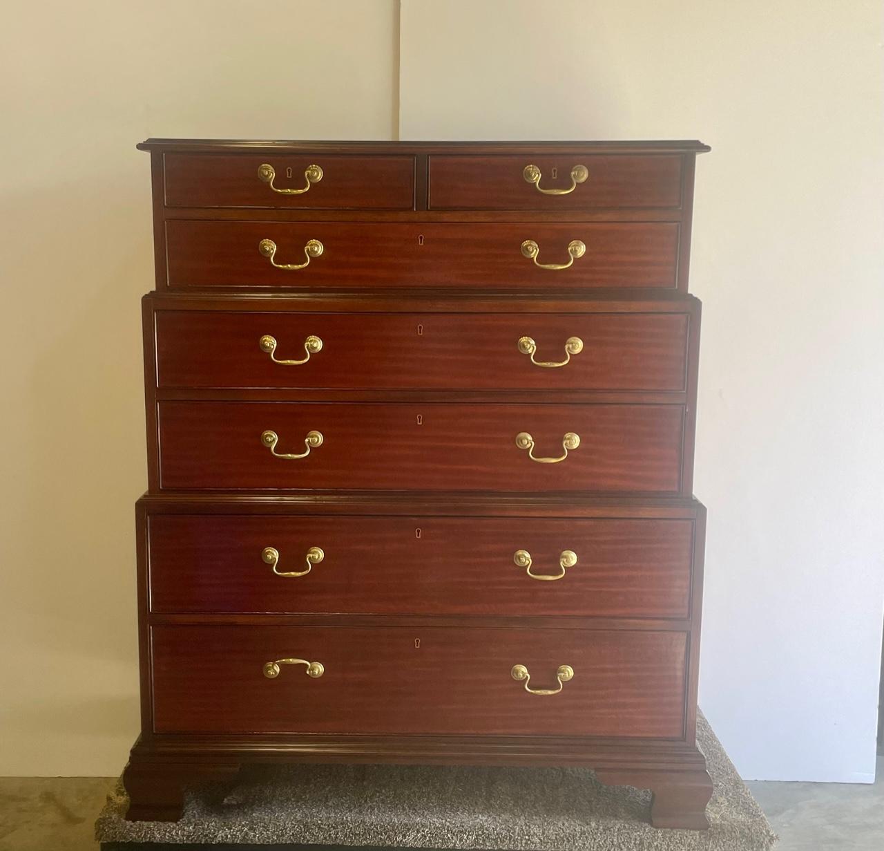 Brass Impressive Mahogany Baker Historic Collection Triple Chest on Chest Commode For Sale