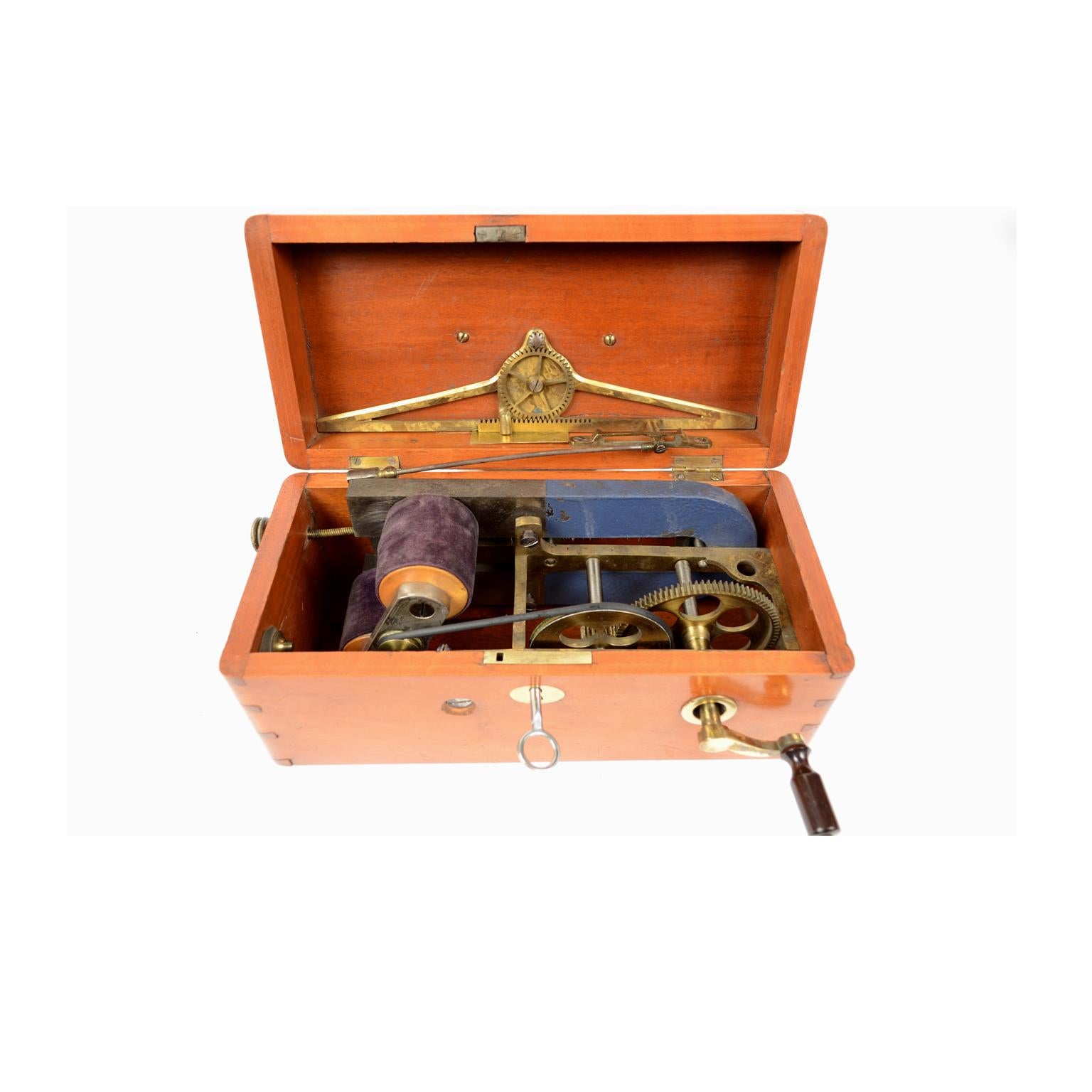 Improved electric machine for nervous diseases placed in mahogany box with external handle and strength indicator on the cover, signed by Joseph Gray & Co. in 1880. Measures: 26 x 12 cm. Very good condition.

It is a tool that generates electric
