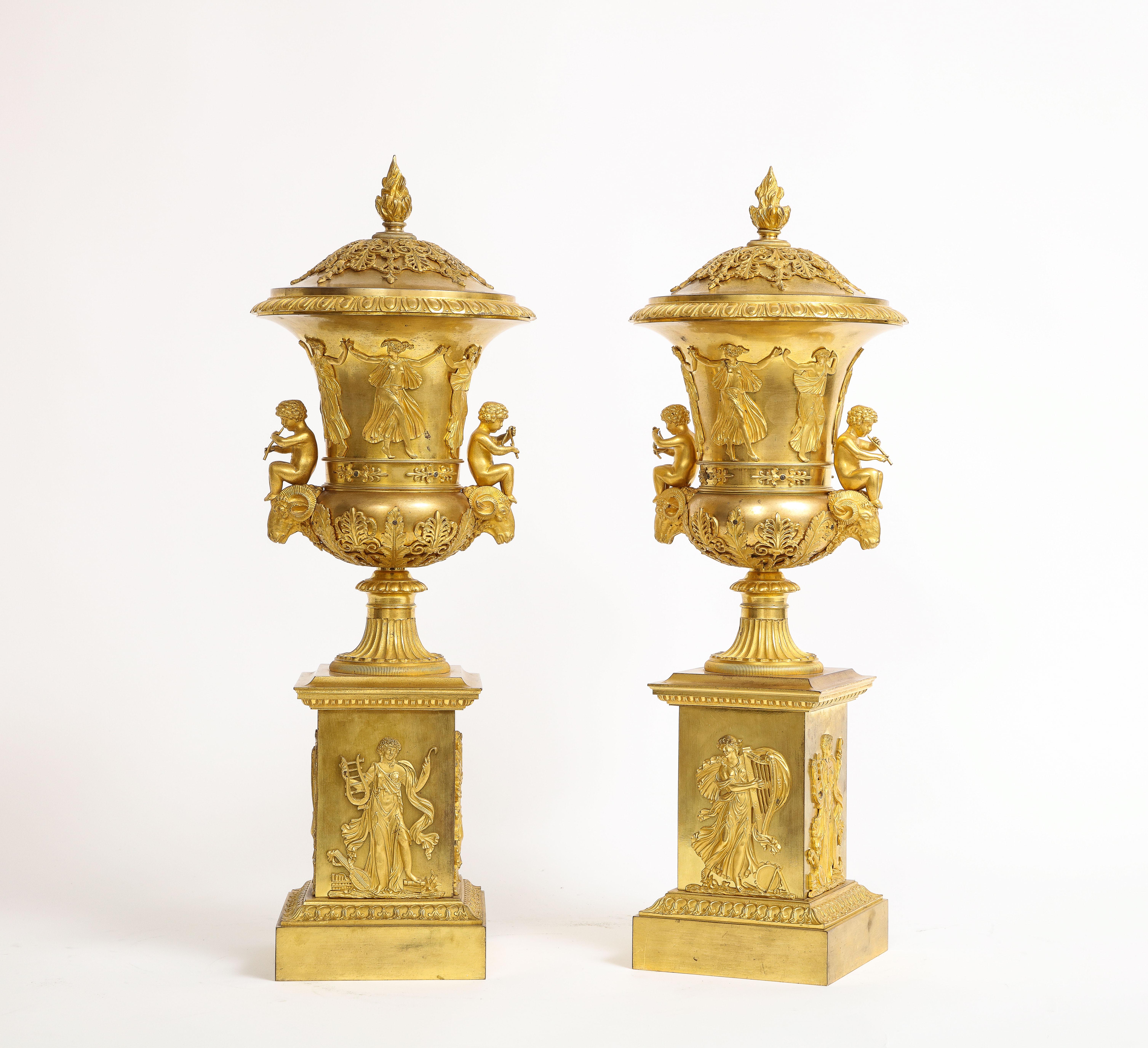 Gilt Impt Pair of French Empire Ormolu Covered vases/Potpourris, Att. Thomier A Paris For Sale