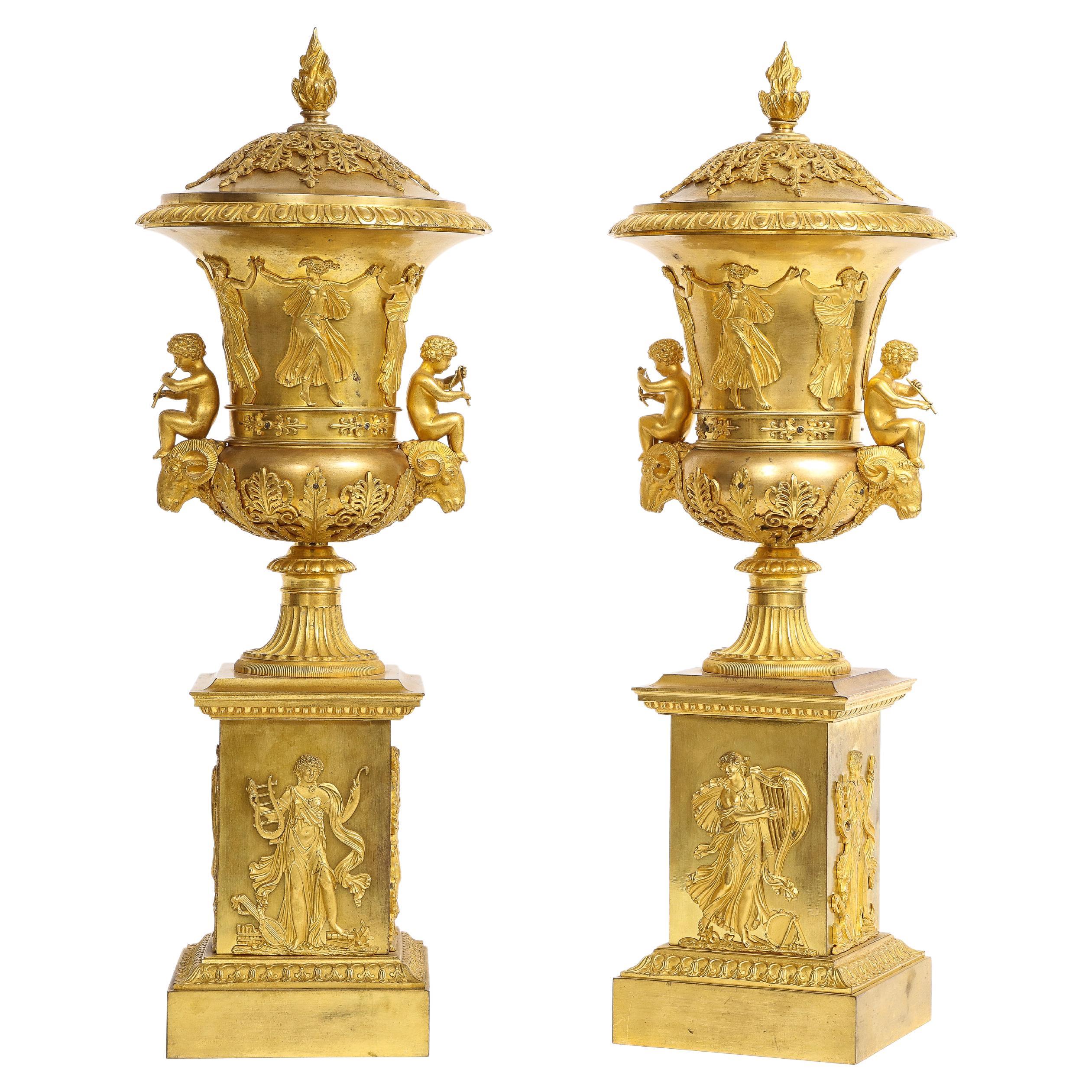Impt Pair of French Empire Ormolu Covered vases/Potpourris, Att. Thomier A Paris For Sale