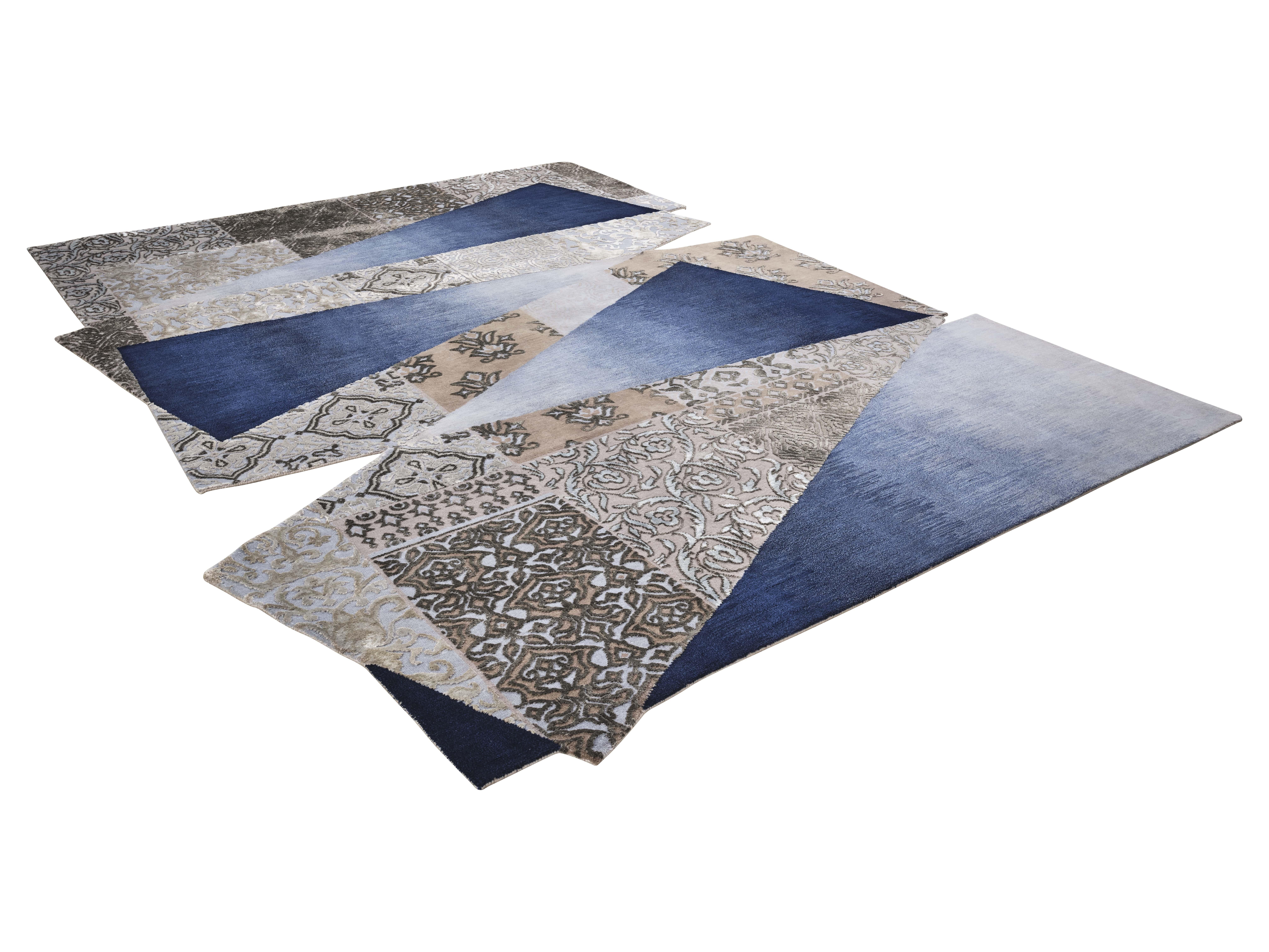 Inspired by the interesting pattern of the blue limestone river, Aguas Turquesas Millpu in Peru. This is nature and art in motion. The carpet maps the layers of water and land, the meeting and parting ways of the elements of earth. The carpet