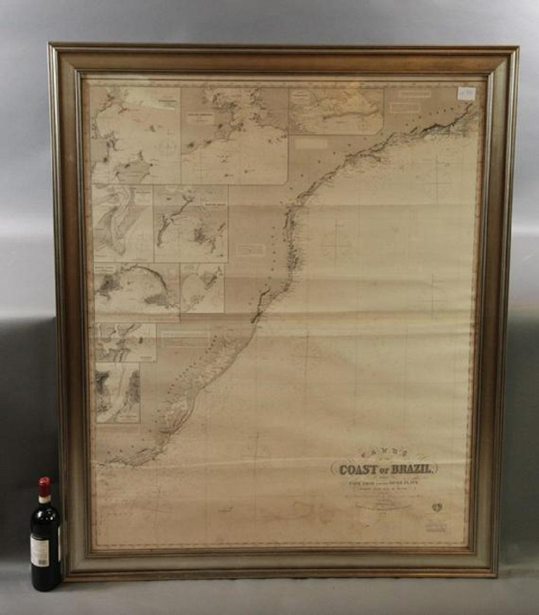 Imray & Son 1876 Carte marine de la côte du Brésil entre le Cap Frio et la Rivière Plate. Joliment encadré. Dimensions globales : 46