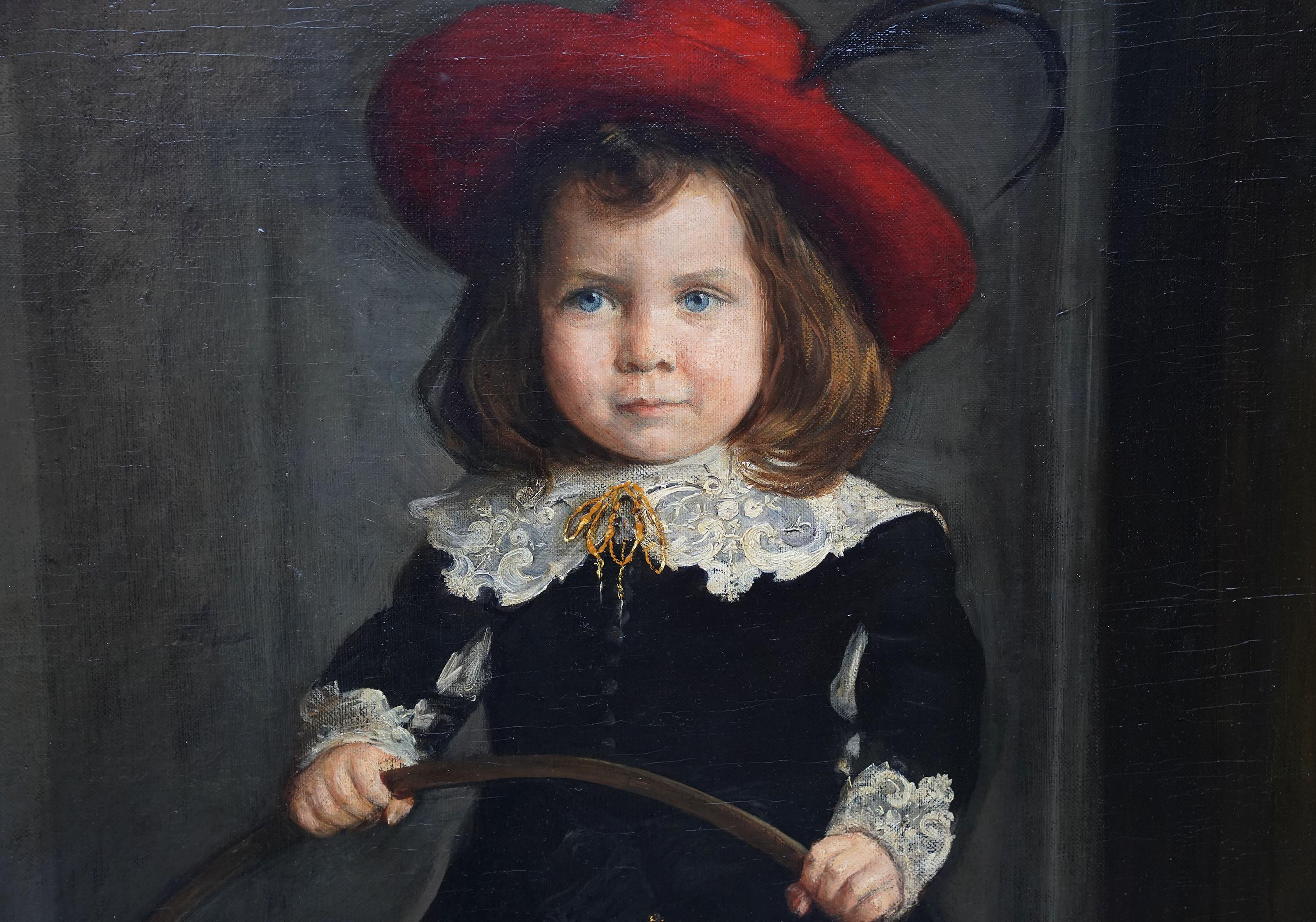 Portrait of a Boy with Hoop - Victorian Hungarian art male portrait oil painting - Black Portrait Painting by Imre Knopp