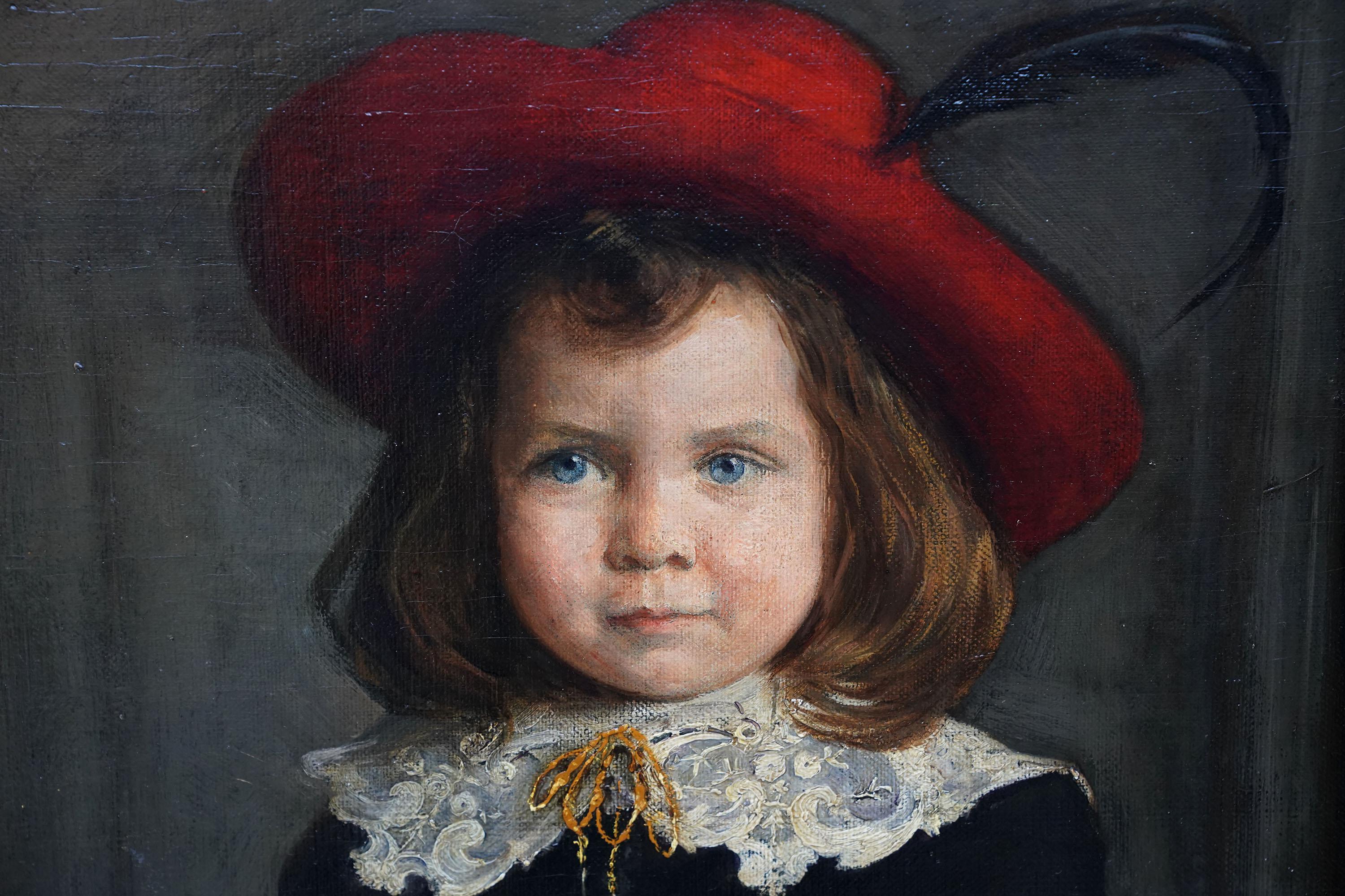 This charming Victorian full length portrait oil painting is by Hungarian artist Imre Knopp. Painted circa 1901 the painting is of a young boy in his finery, holding a hoop. A lovely red hat sits above his angelical face. A really sweet painting