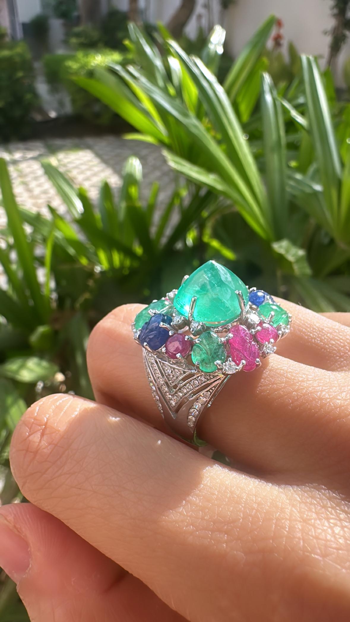 In 18K Gold, Emeralds, Ruby, Blue Sapphire & Diamonds Tutti Frutti Cocktail Ring For Sale 4