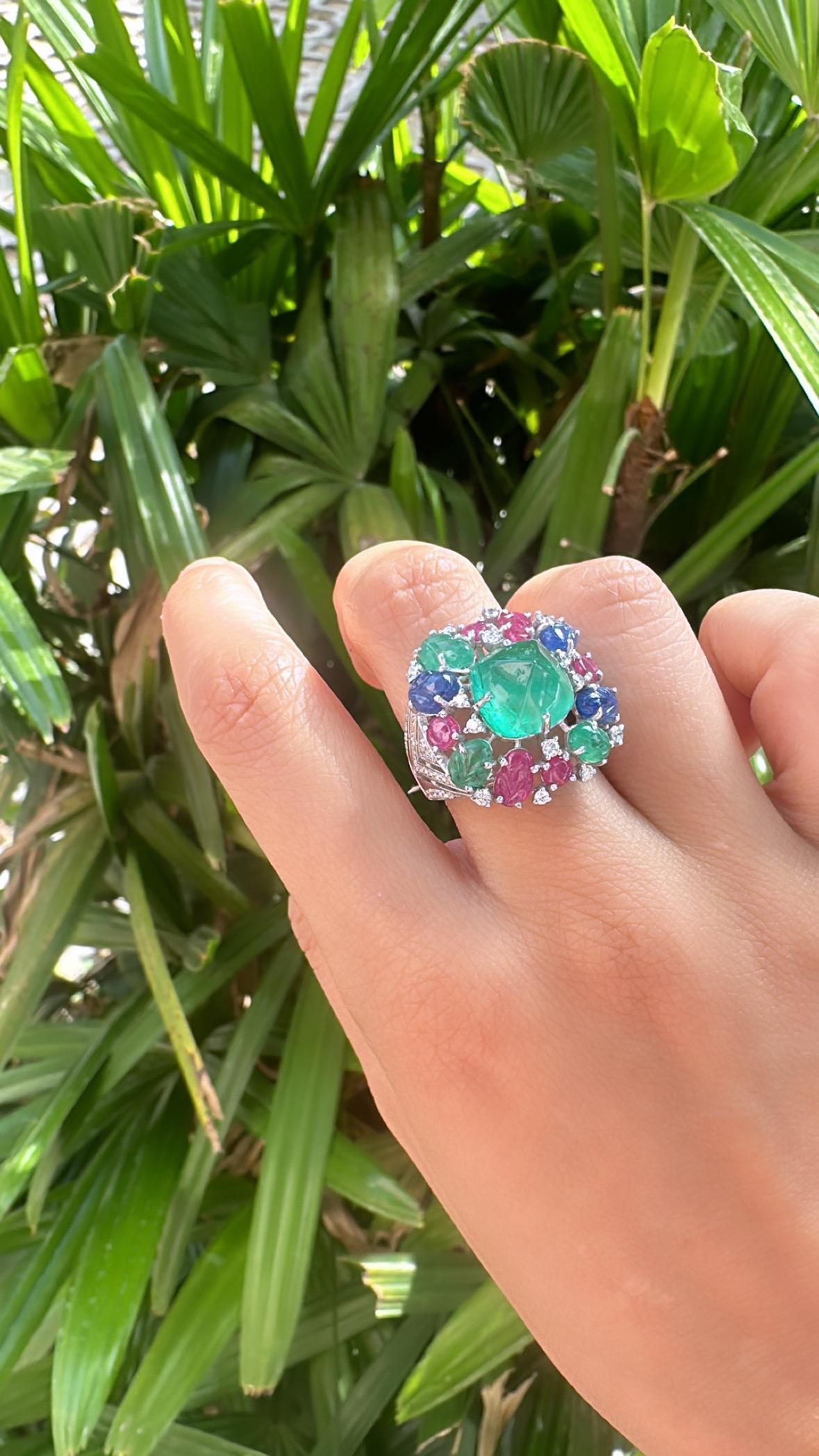 In 18K Gold, Emeralds, Ruby, Blue Sapphire & Diamonds Tutti Frutti Cocktail Ring For Sale 5