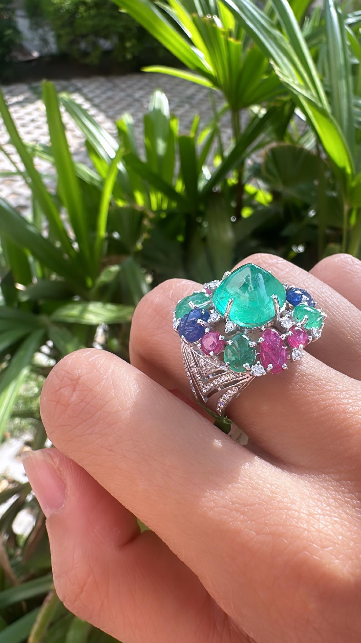 In 18K Gold, Emeralds, Ruby, Blue Sapphire & Diamonds Tutti Frutti Cocktail Ring For Sale 6