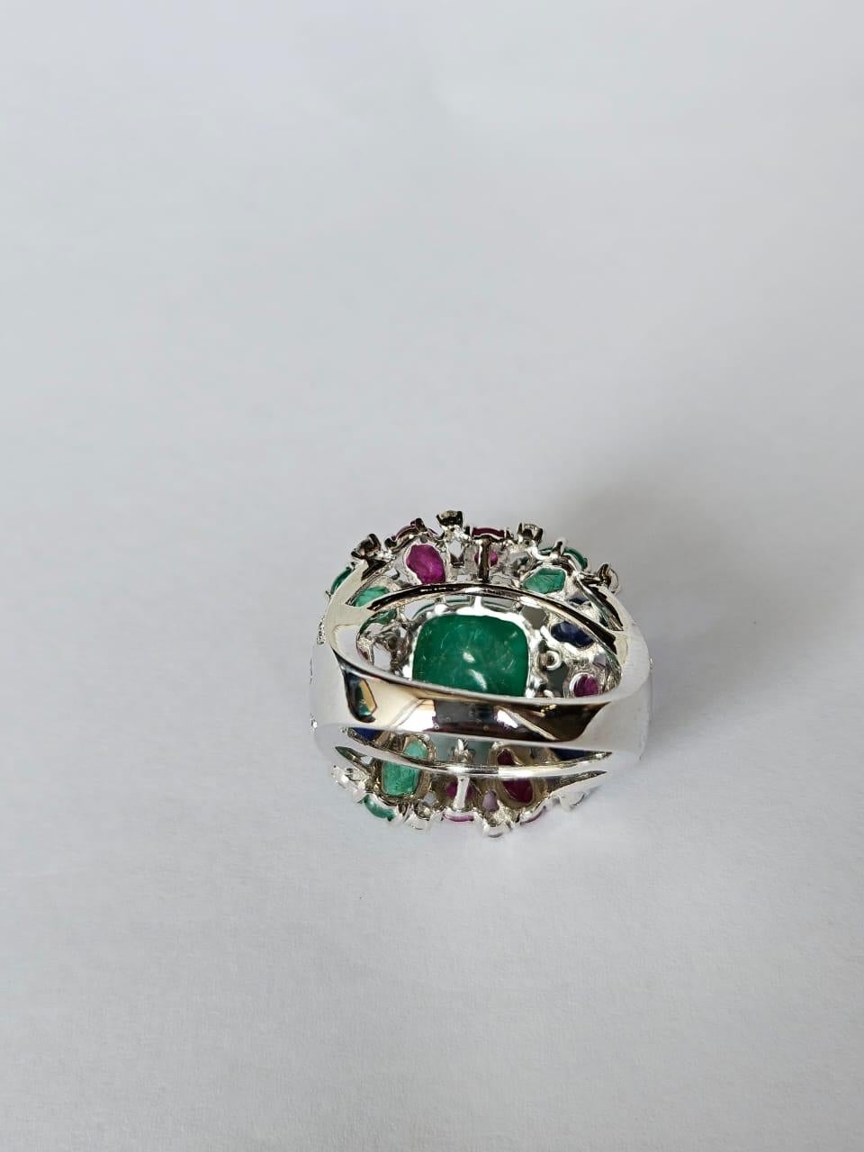 Art Deco In 18K Gold, Emeralds, Ruby, Blue Sapphire & Diamonds Tutti Frutti Cocktail Ring For Sale