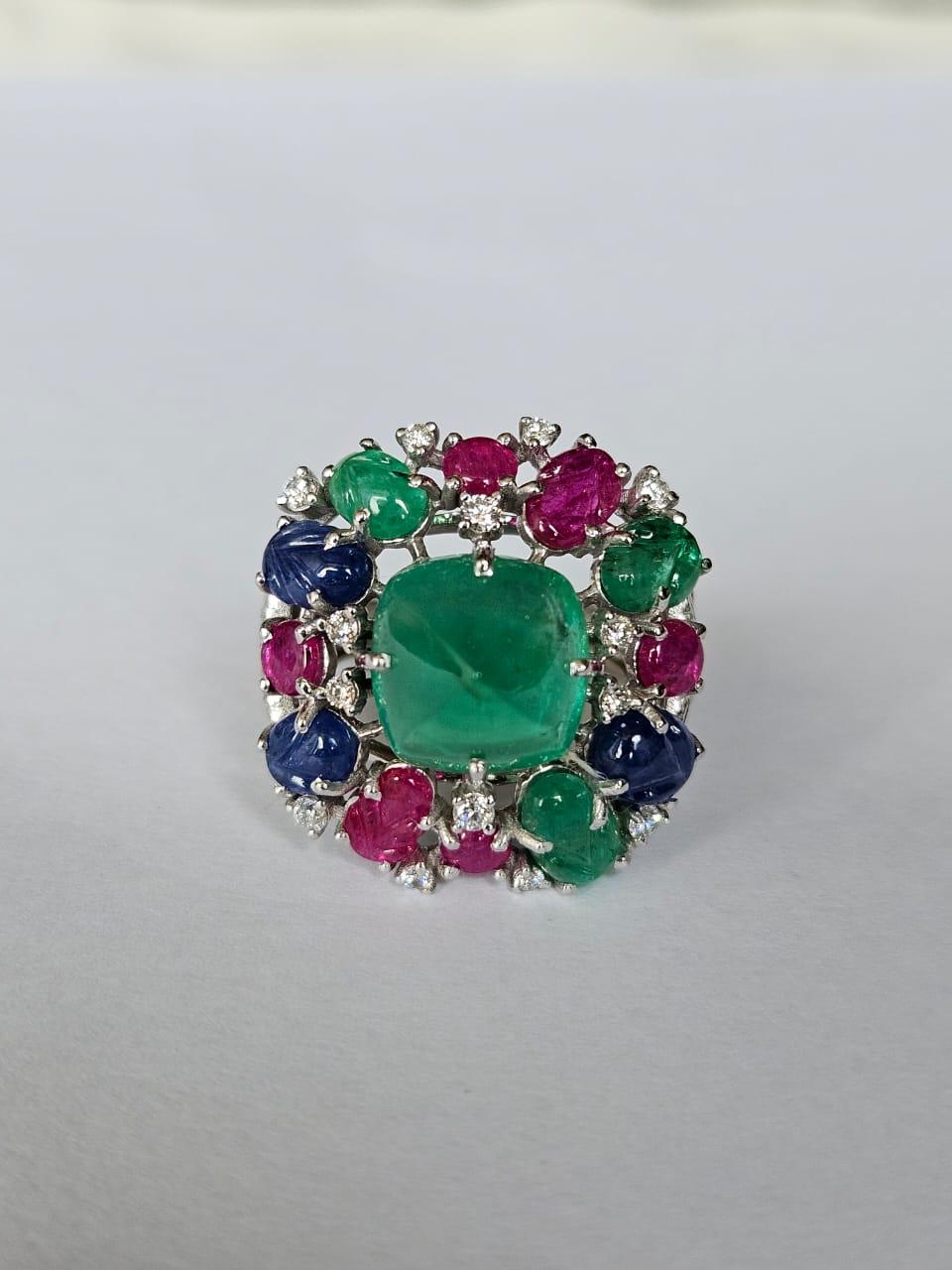 Women's or Men's In 18K Gold, Emeralds, Ruby, Blue Sapphire & Diamonds Tutti Frutti Cocktail Ring For Sale