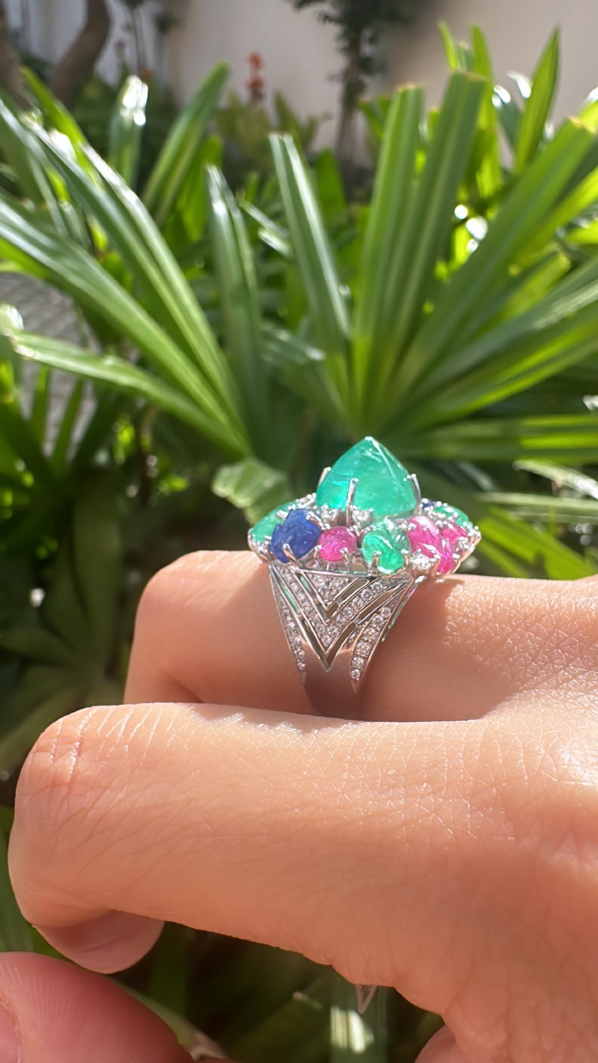 In 18K Gold, Emeralds, Ruby, Blue Sapphire & Diamonds Tutti Frutti Cocktail Ring For Sale 1