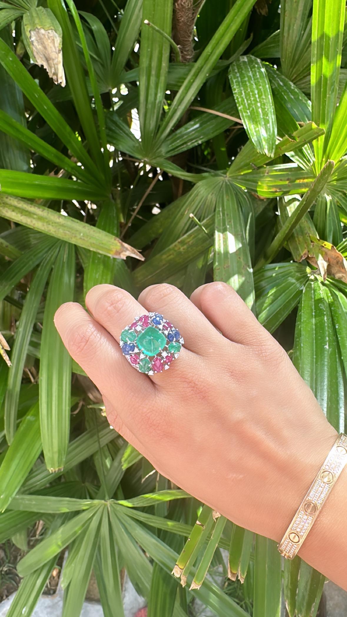 In 18K Gold, Emeralds, Ruby, Blue Sapphire & Diamonds Tutti Frutti Cocktail Ring For Sale 2