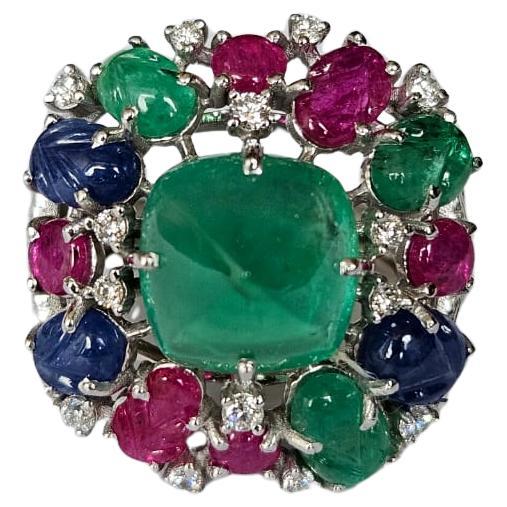 In 18K Gold, Emeralds, Ruby, Blue Sapphire & Diamonds Tutti Frutti Cocktail Ring For Sale