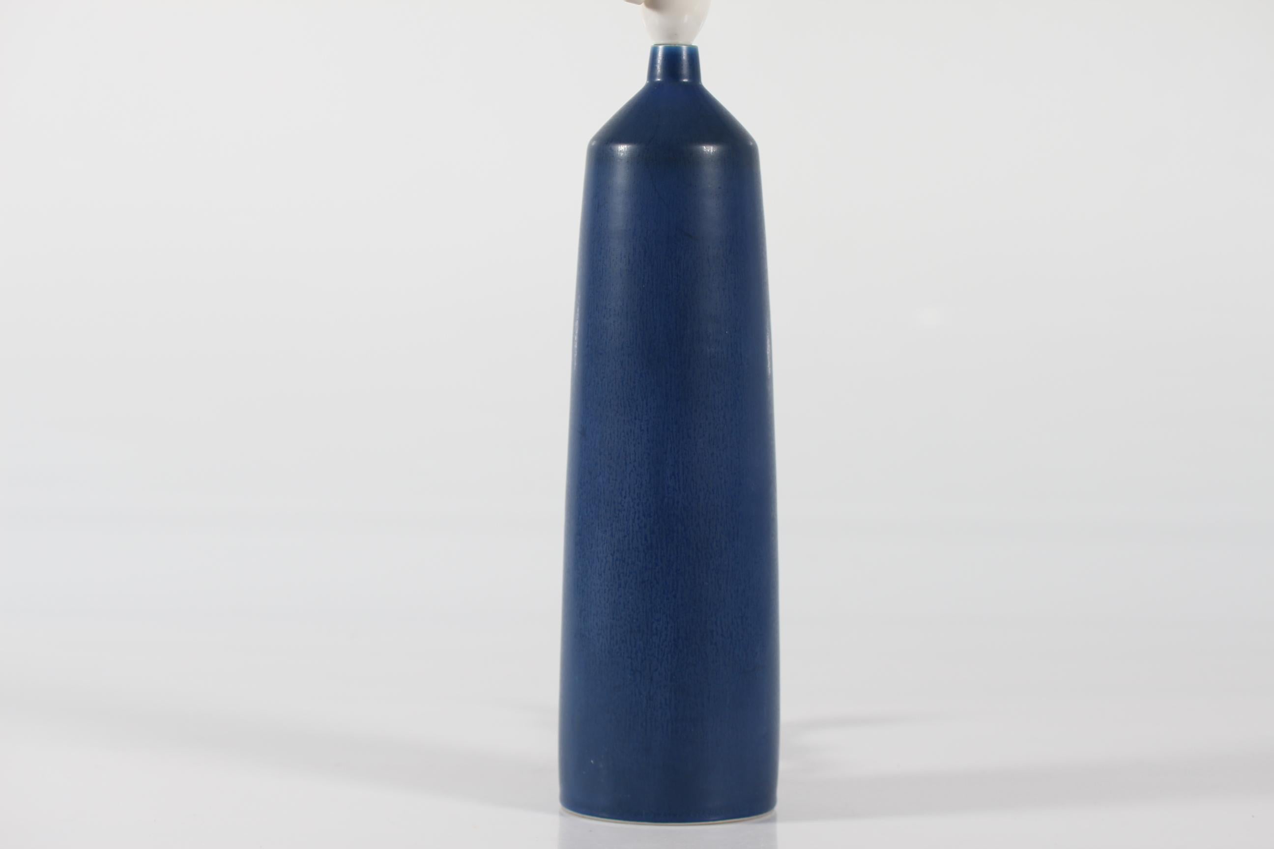 In 25 Tall Danish Palshus Table Lamp Blue Haresfur Glaze + New Lampshade 1960s For Sale 4